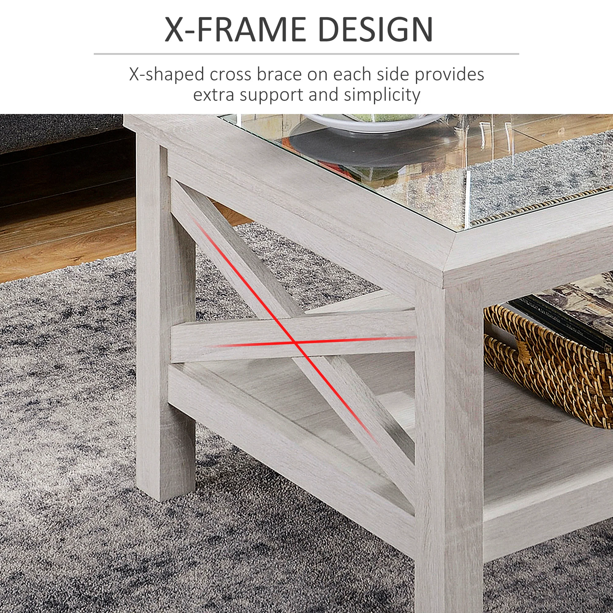 39.25'' L Coffee Table with Tempered Glass Tabletop & Underneath Storage Shelf, White Oak - Image 9