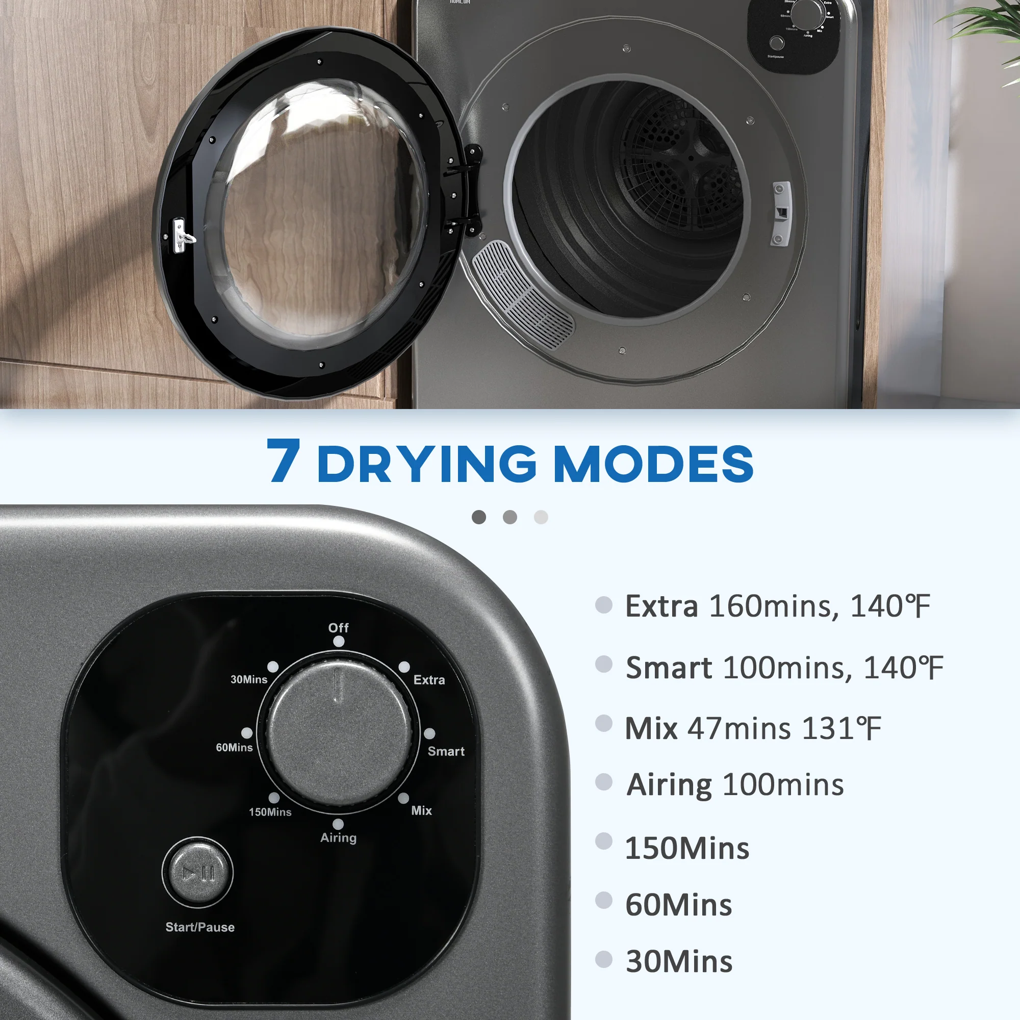 3.2 cu.ft Stainless Steel Laundry Dryer, 1300W Portable Front Load Electric Dryer, Gray - Image 6