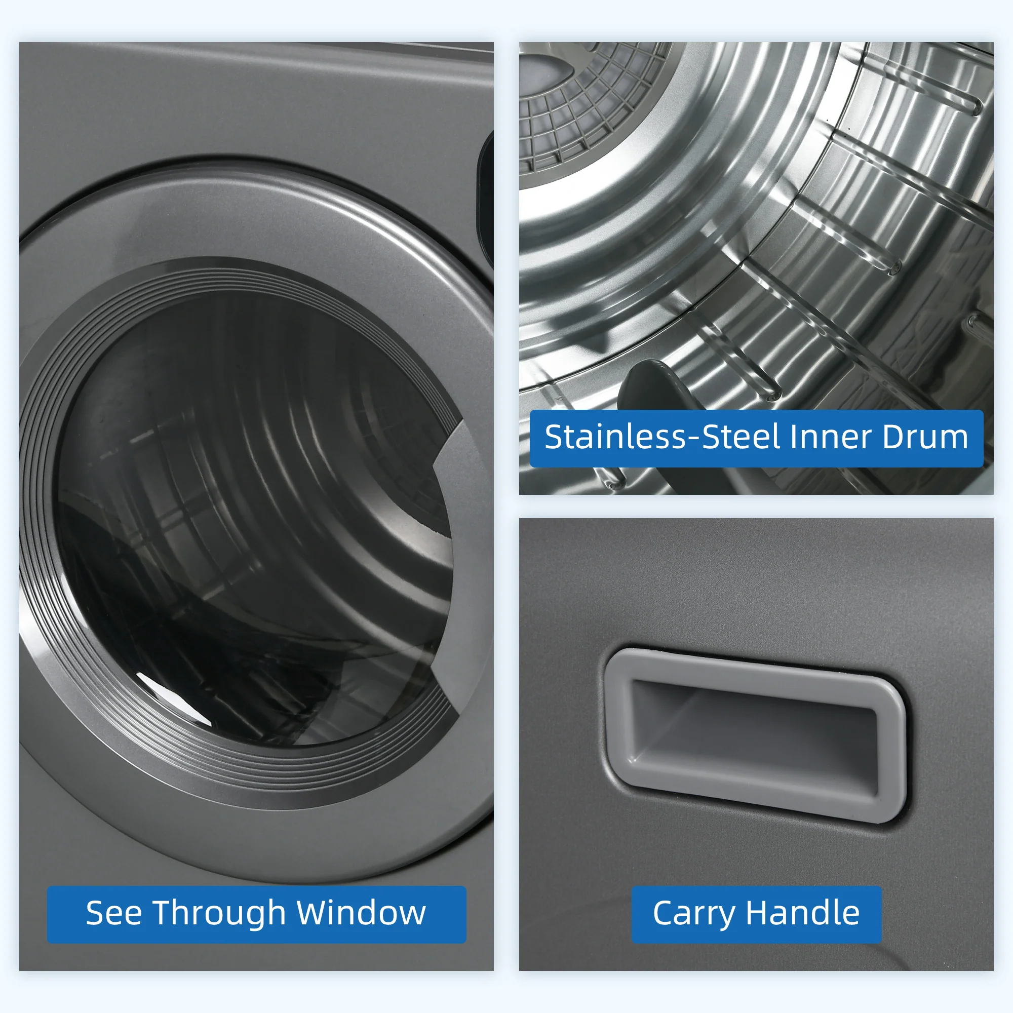 3.2 cu.ft Stainless Steel Laundry Dryer, 1300W Portable Front Load Electric Dryer, Gray - Image 7