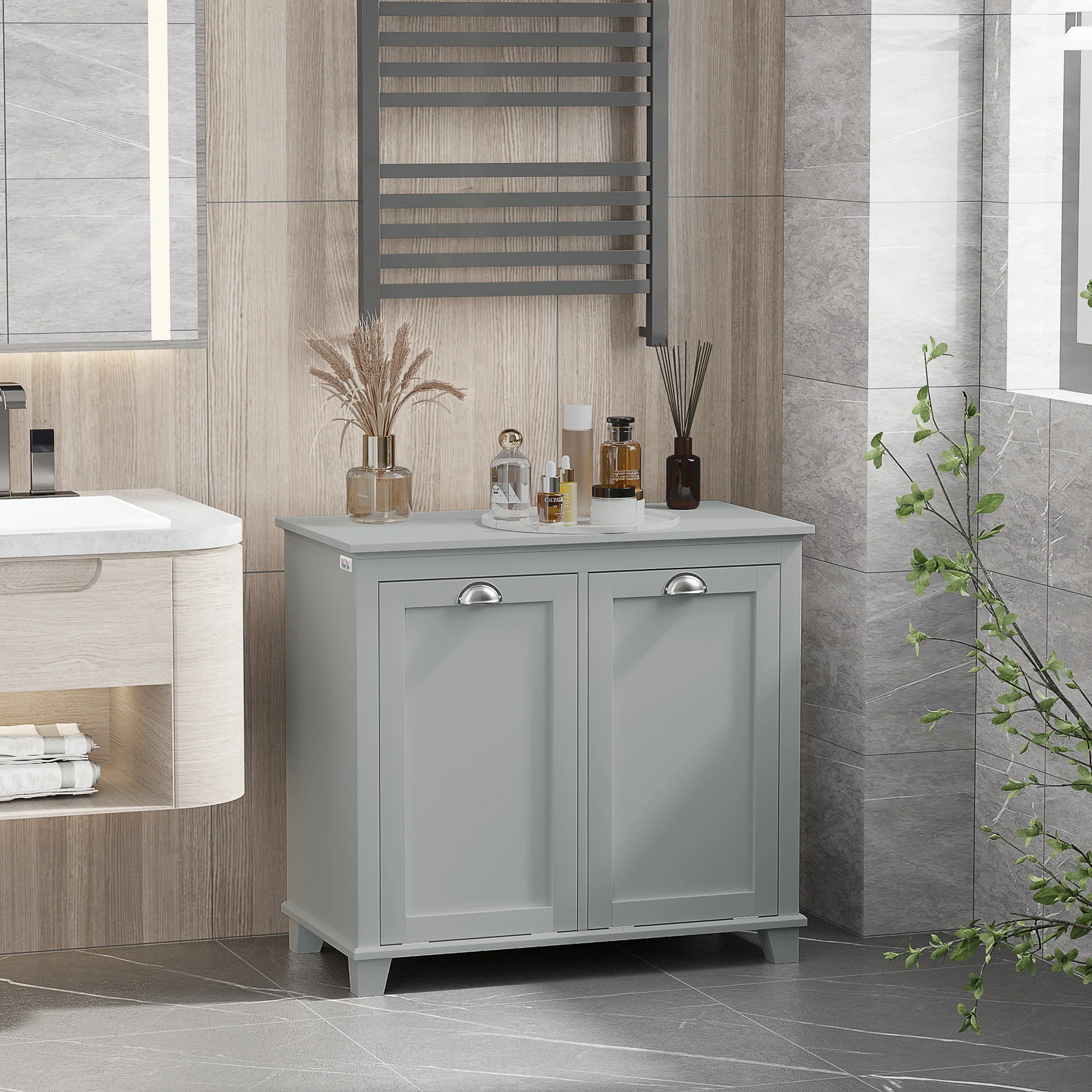 Compact Dual Tilt-Out Laundry Hamper Cabinet, 2-Compartment Storage, Modern Design, Gray - Image 3