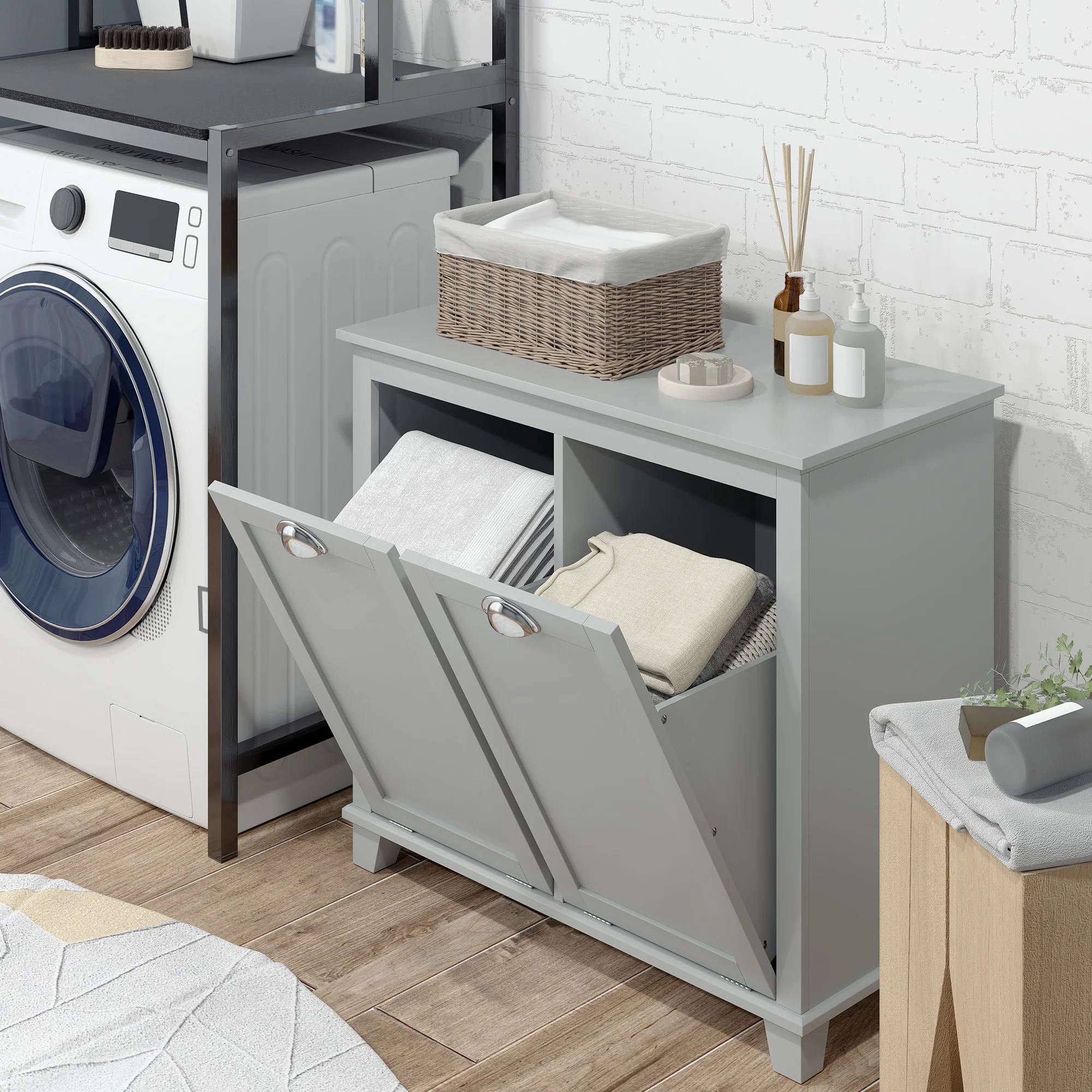 Compact Dual Tilt-Out Laundry Hamper Cabinet, 2-Compartment Storage, Modern Design, Gray - Image 4