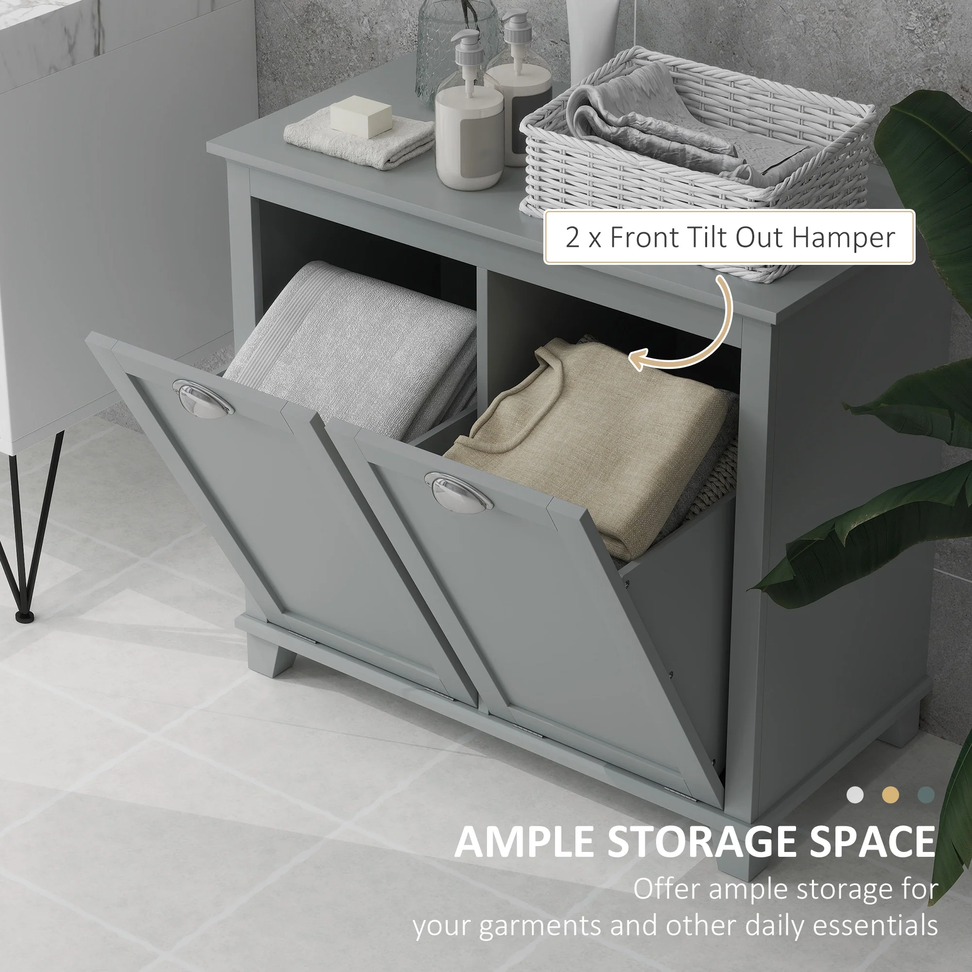 Compact Dual Tilt-Out Laundry Hamper Cabinet, 2-Compartment Storage, Modern Design, Gray - Image 6