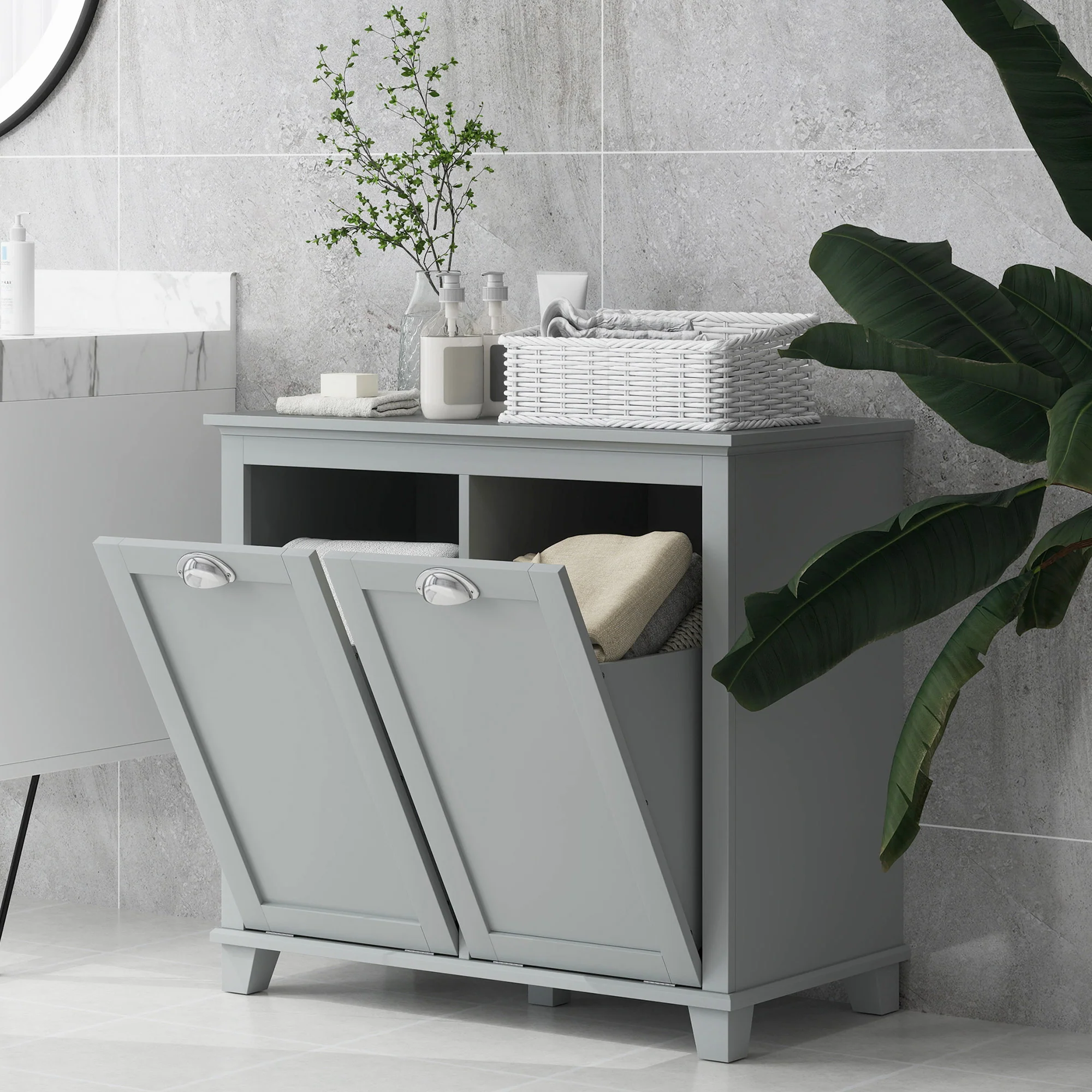 Compact Dual Tilt-Out Laundry Hamper Cabinet, 2-Compartment Storage, Modern Design, Gray - Image 9