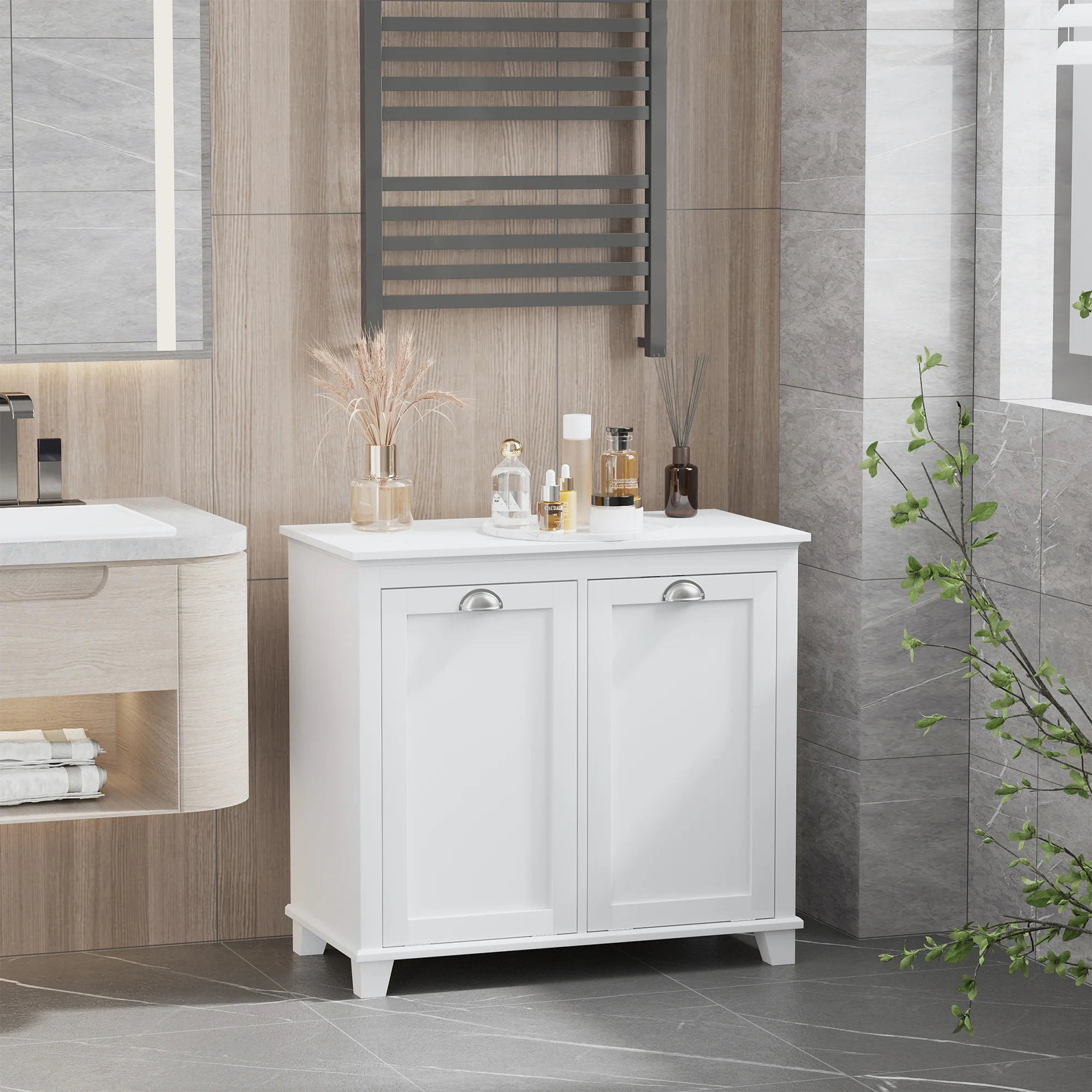 Compact Dual Tilt-Out Laundry Hamper Cabinet, 2-Compartment Storage, Modern Design, White - Image 3