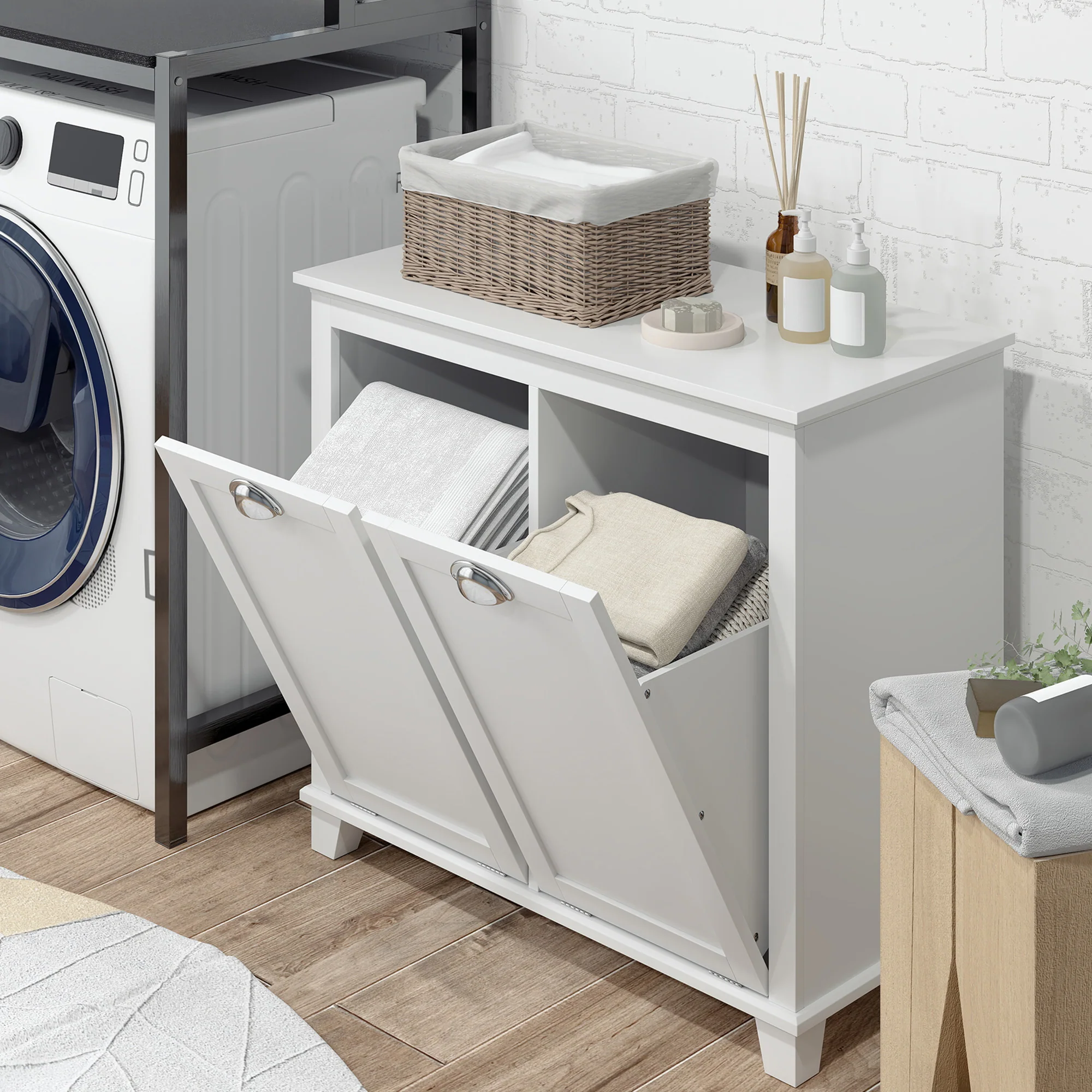 Compact Dual Tilt-Out Laundry Hamper Cabinet, 2-Compartment Storage, Modern Design, White - Image 4