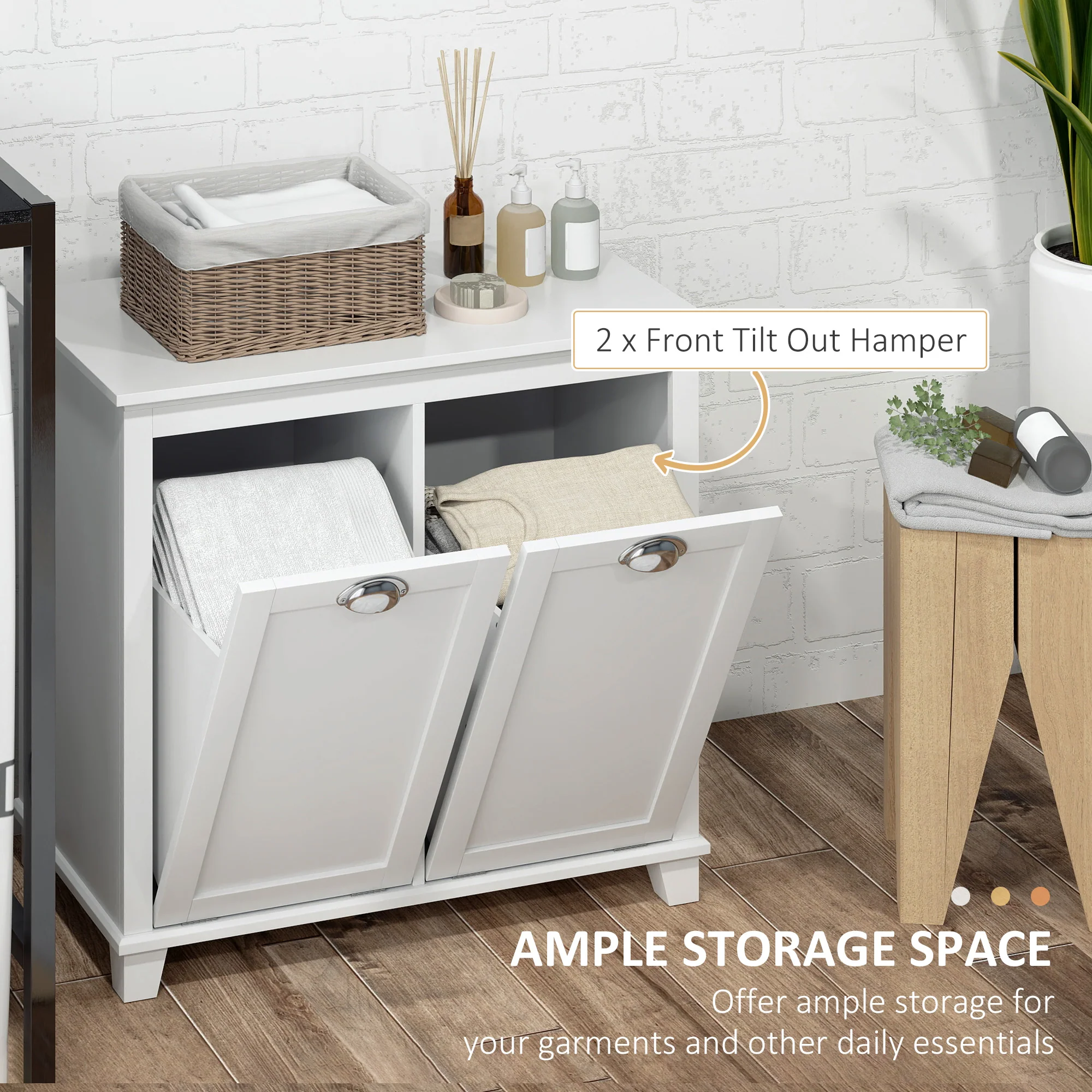 Compact Dual Tilt-Out Laundry Hamper Cabinet, 2-Compartment Storage, Modern Design, White - Image 6