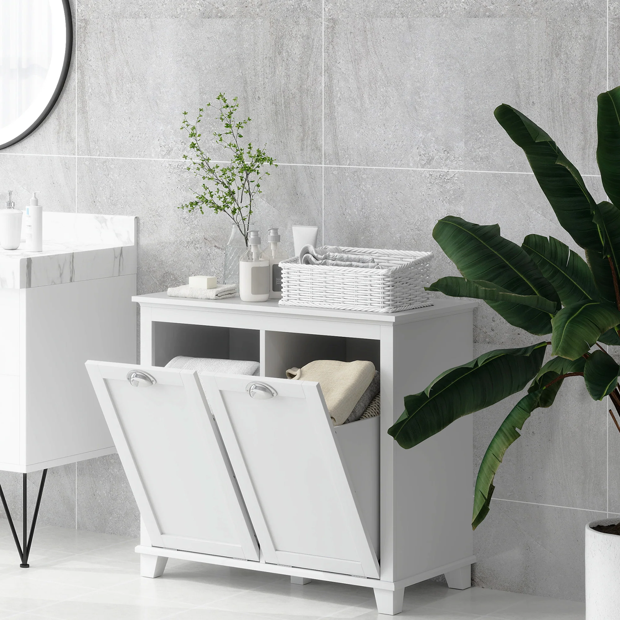 Compact Dual Tilt-Out Laundry Hamper Cabinet, 2-Compartment Storage, Modern Design, White - Image 9