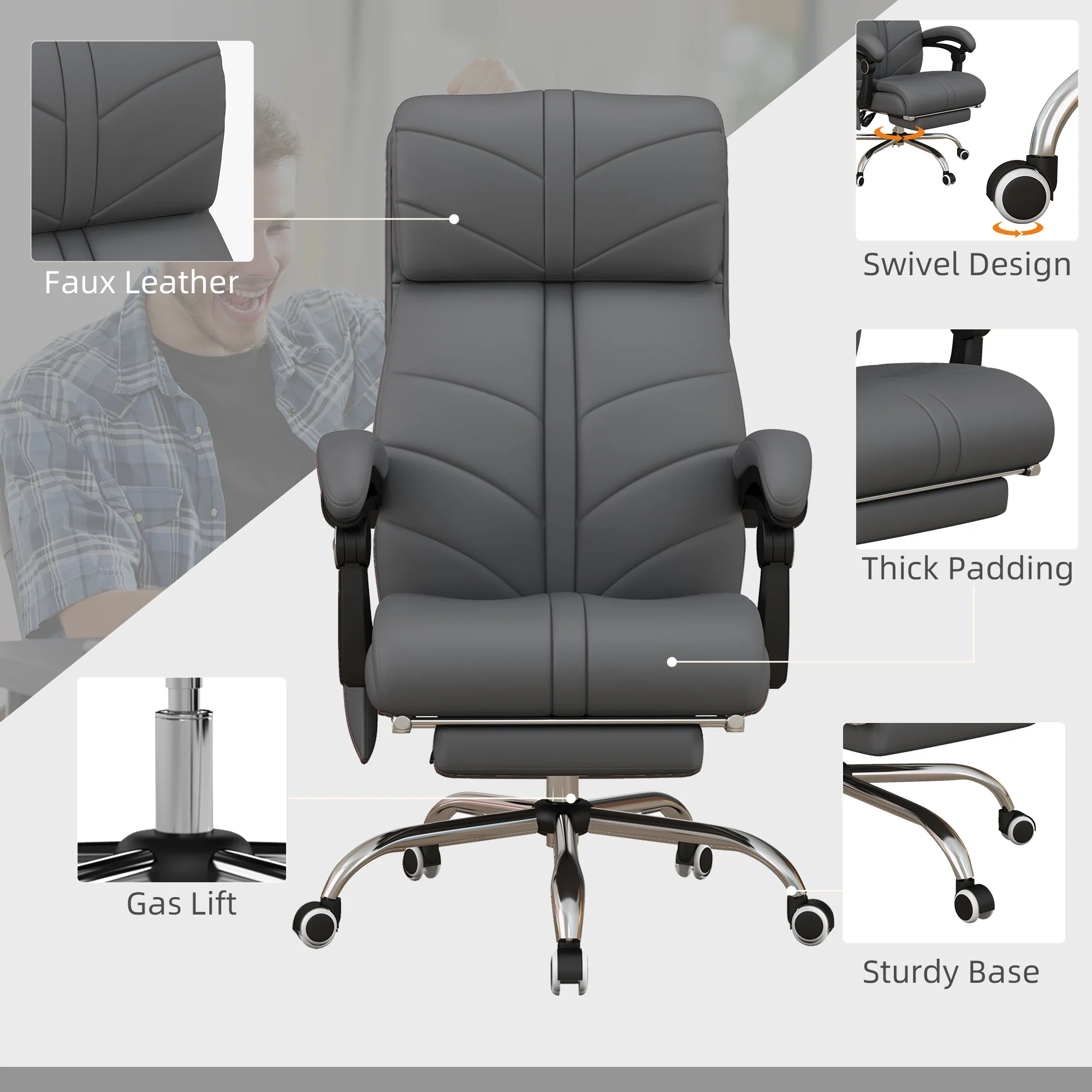Executive Massage Office Chair with 4 Vibration, PU Leather Heated Reclining Chair, Gray - Image 10