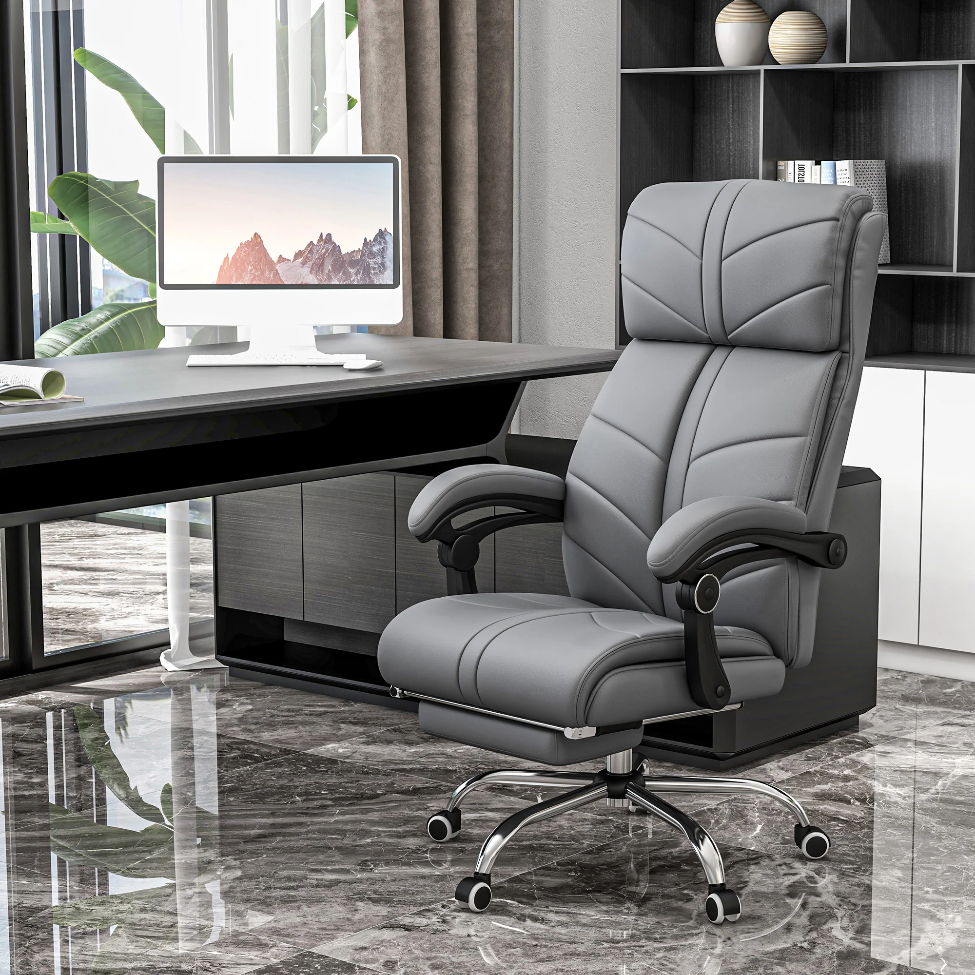 Executive Massage Office Chair with 4 Vibration, PU Leather Heated Reclining Chair, Gray - Image 3