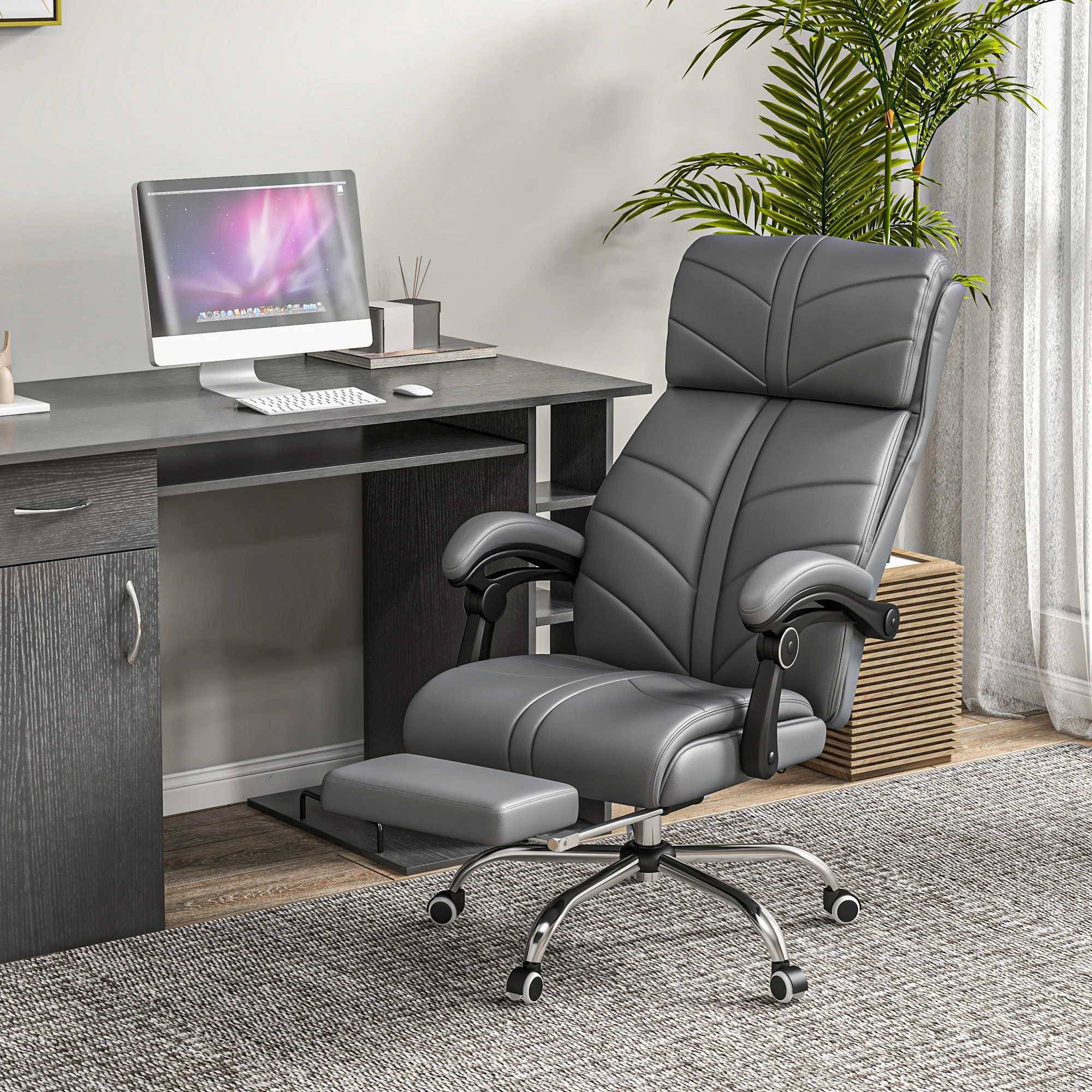 Executive Massage Office Chair with 4 Vibration, PU Leather Heated Reclining Chair, Gray - Image 4