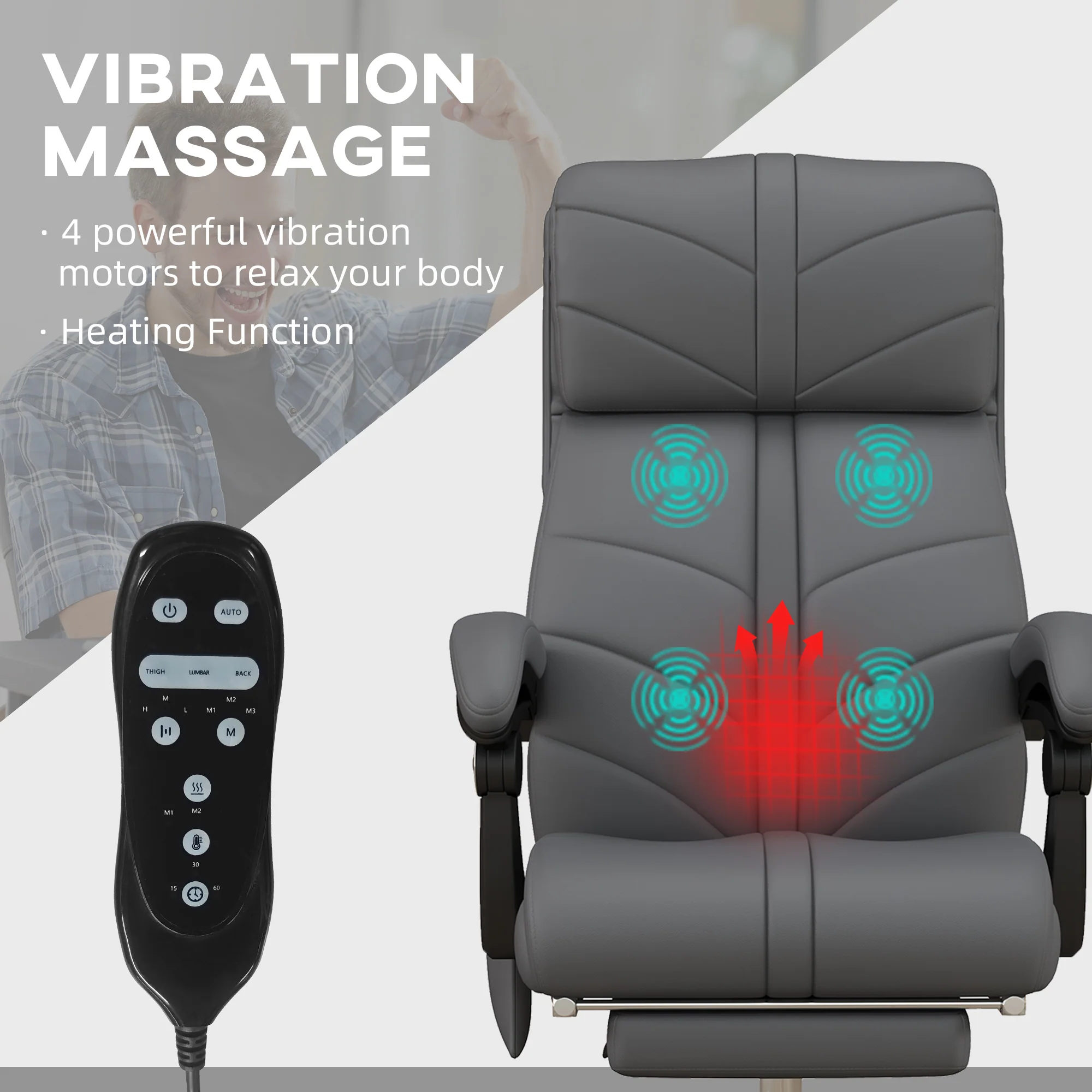 Executive Massage Office Chair with 4 Vibration, PU Leather Heated Reclining Chair, Gray - Image 6