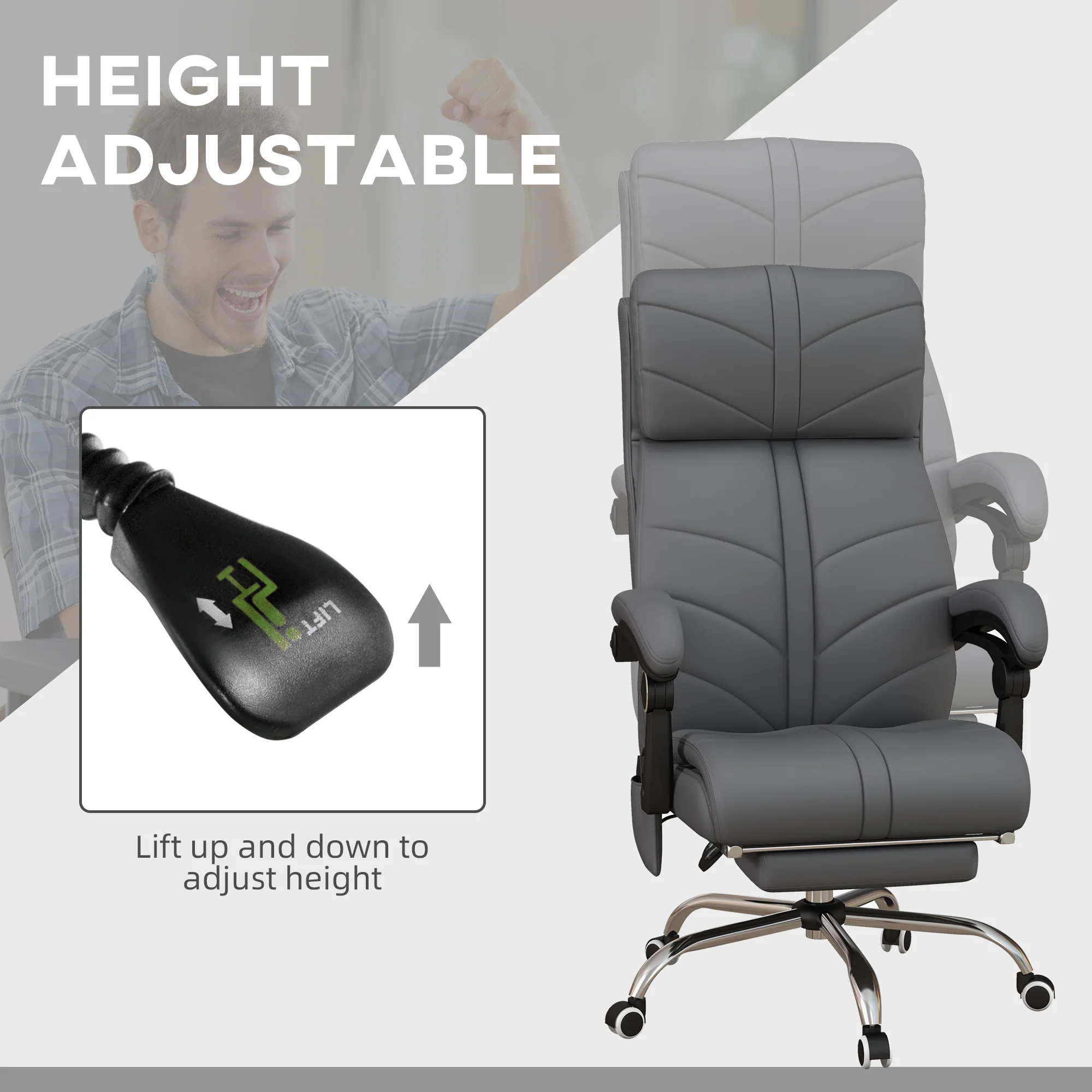 Executive Massage Office Chair with 4 Vibration, PU Leather Heated Reclining Chair, Gray - Image 8