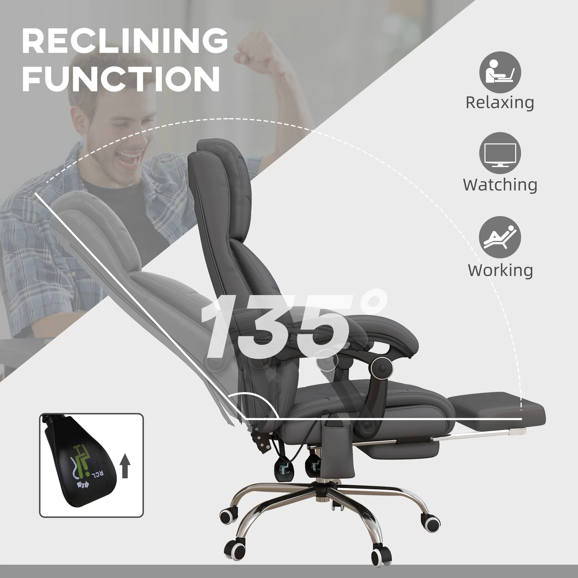 Executive Massage Office Chair with 4 Vibration, PU Leather Heated Reclining Chair, Gray - Image 9