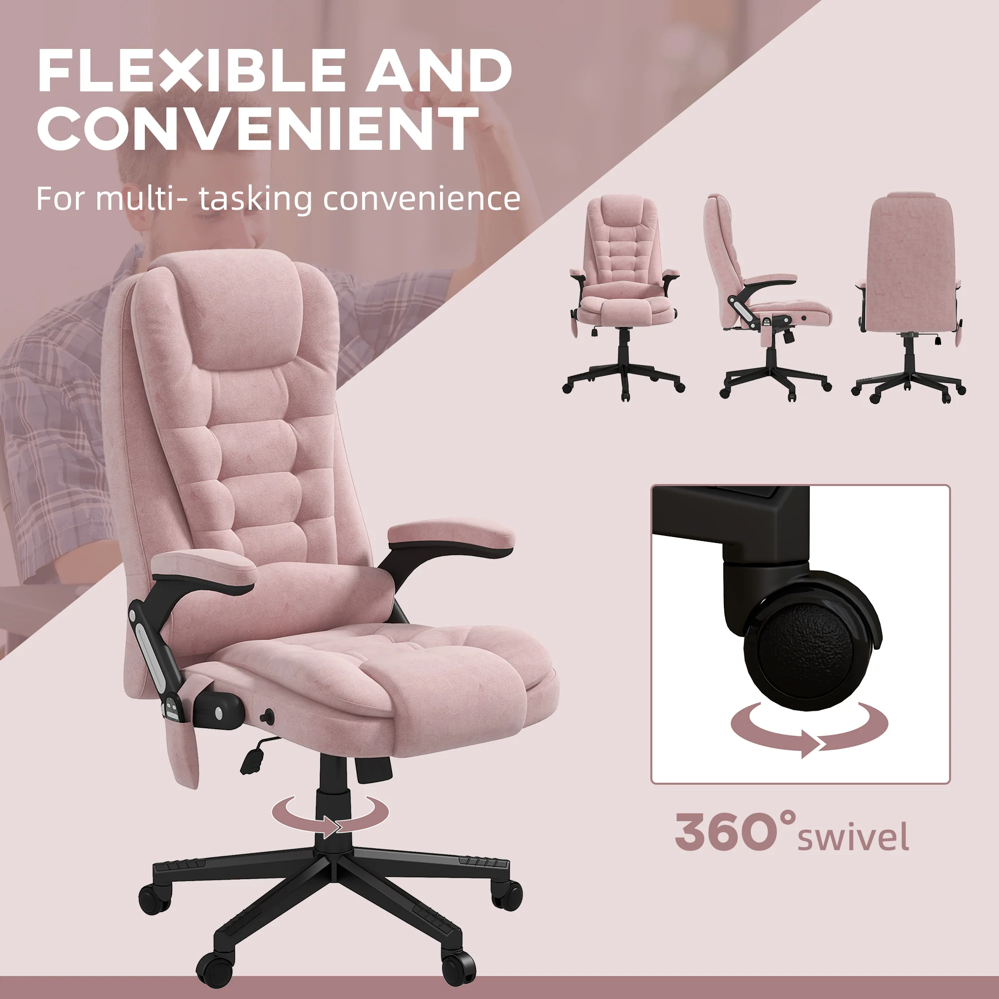 6 Points Heated Executive Office Chair, Velvet High Back Massage Office Chair, Pink - Image 10