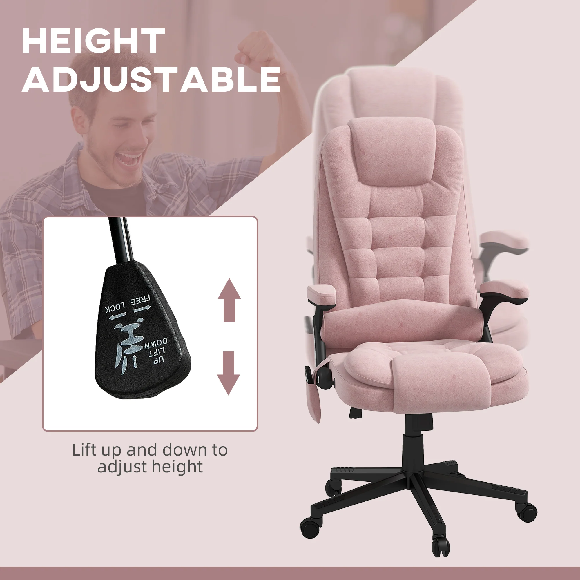 6 Points Heated Executive Office Chair, Velvet High Back Massage Office Chair, Pink - Image 6