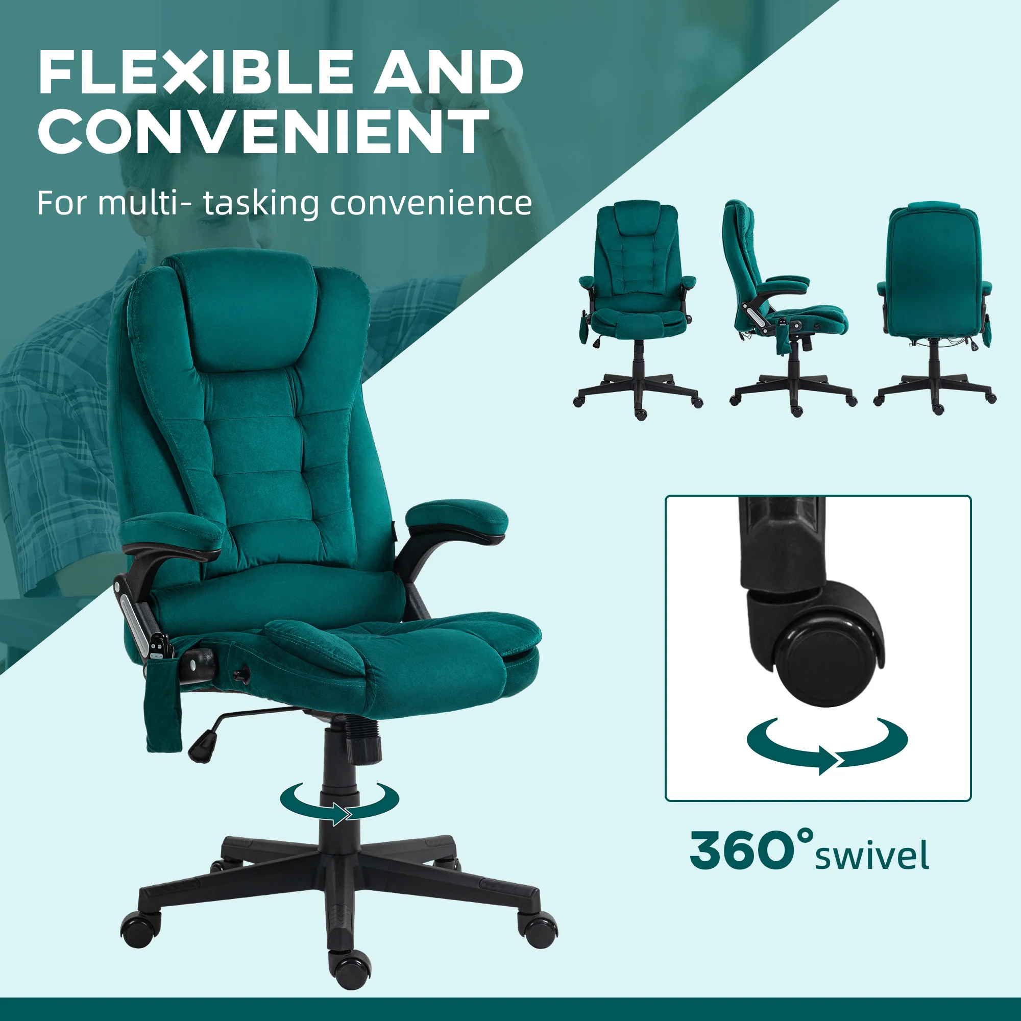 6 Points Heated Executive Office Chair, Velvet High Back Massage Office Chair, Dark Green - Image 10