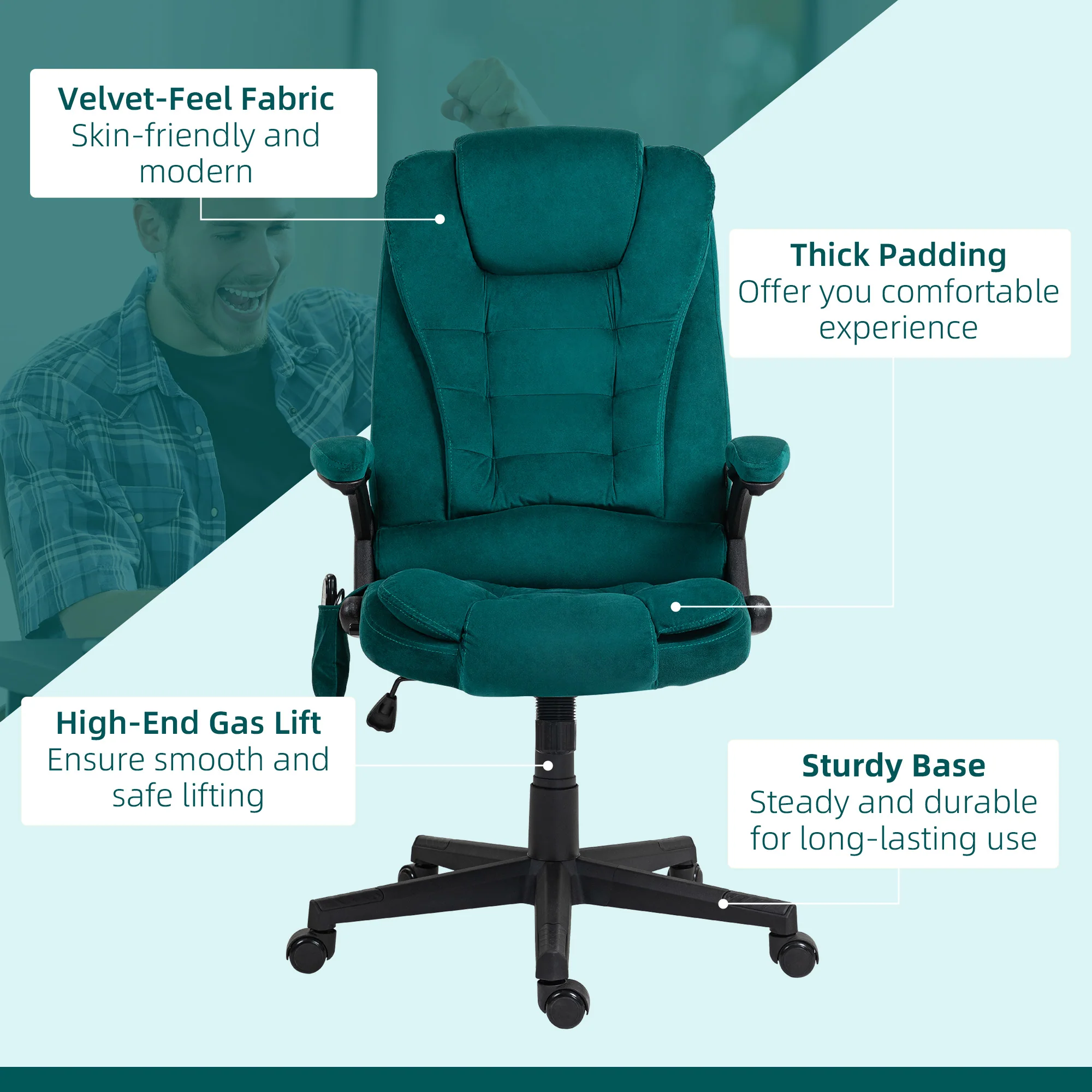 6 Points Heated Executive Office Chair, Velvet High Back Massage Office Chair, Dark Green - Image 11