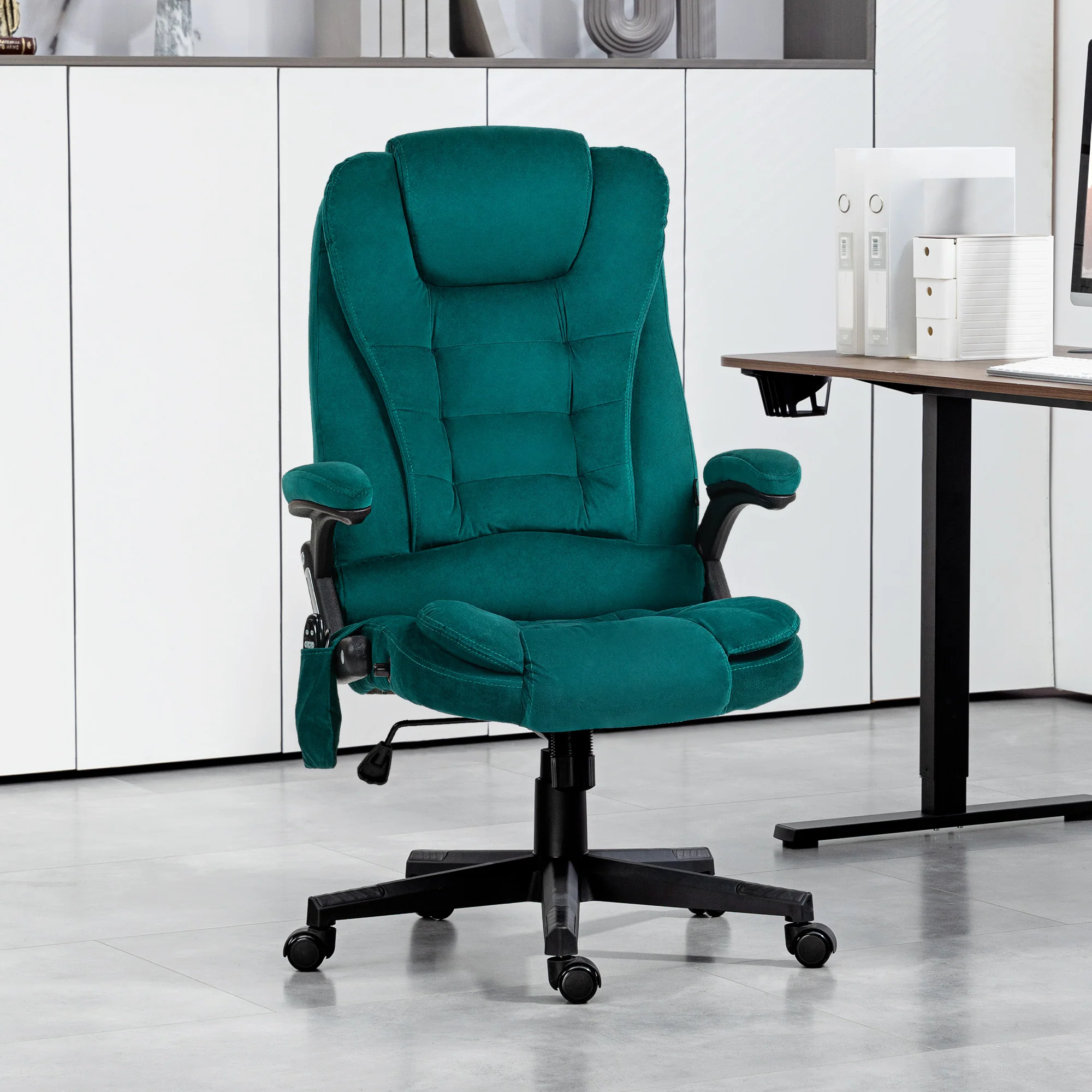 6 Points Heated Executive Office Chair, Velvet High Back Massage Office Chair, Dark Green - Image 3