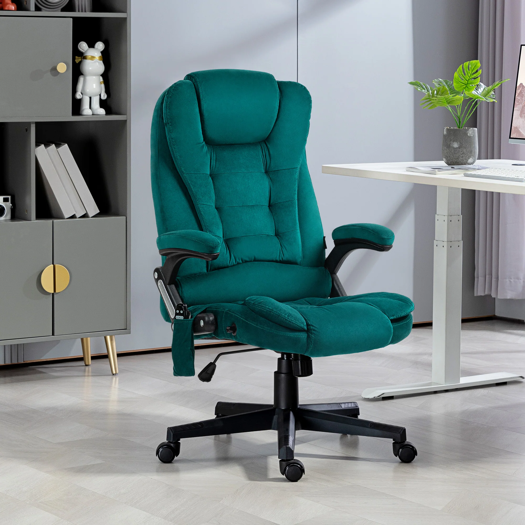 6 Points Heated Executive Office Chair, Velvet High Back Massage Office Chair, Dark Green - Image 4
