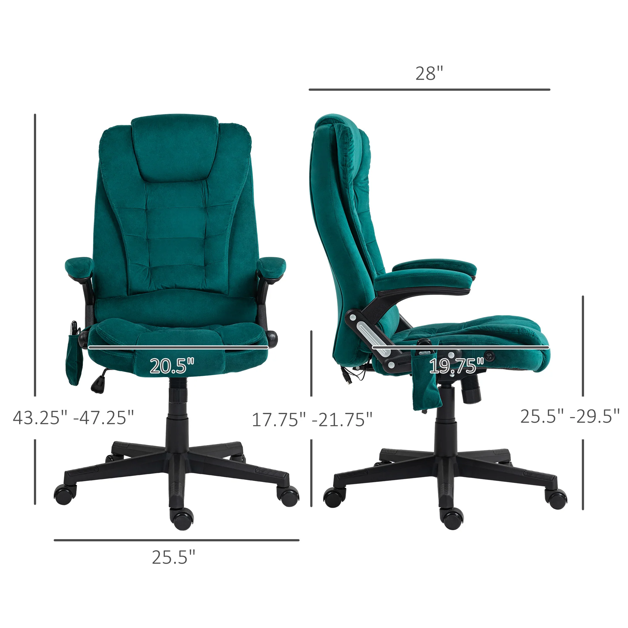 6 Points Heated Executive Office Chair, Velvet High Back Massage Office Chair, Dark Green - Image 5