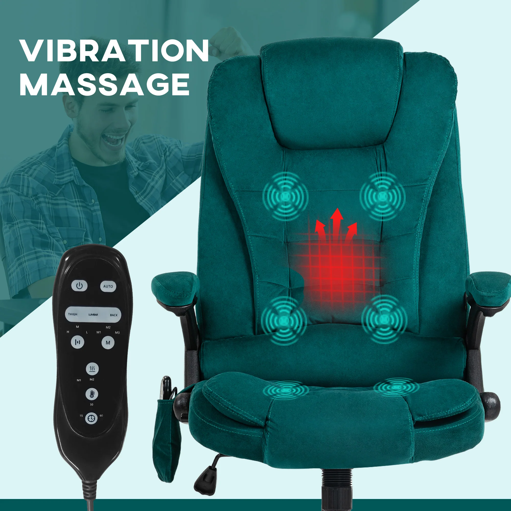 6 Points Heated Executive Office Chair, Velvet High Back Massage Office Chair, Dark Green - Image 6