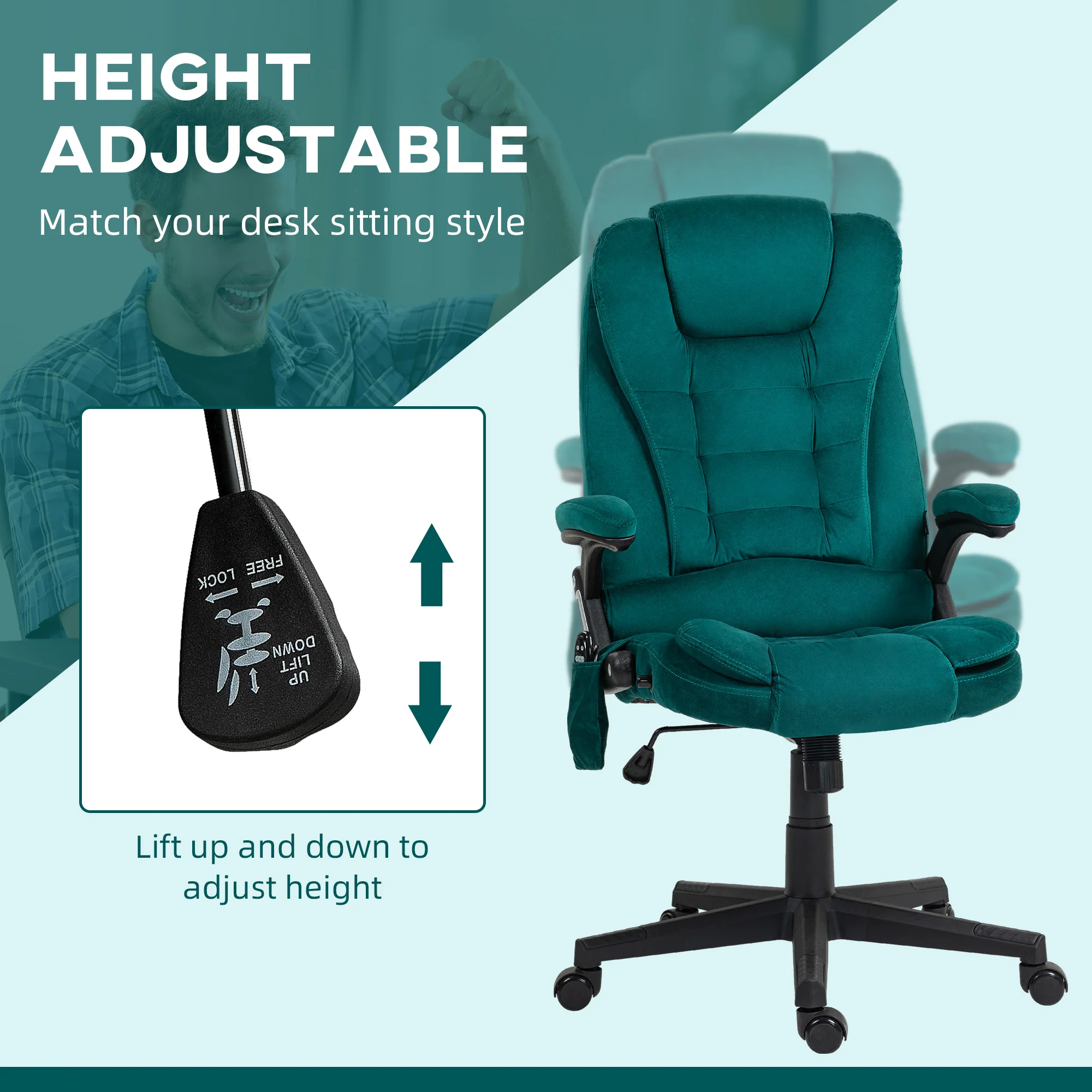 6 Points Heated Executive Office Chair, Velvet High Back Massage Office Chair, Dark Green - Image 7