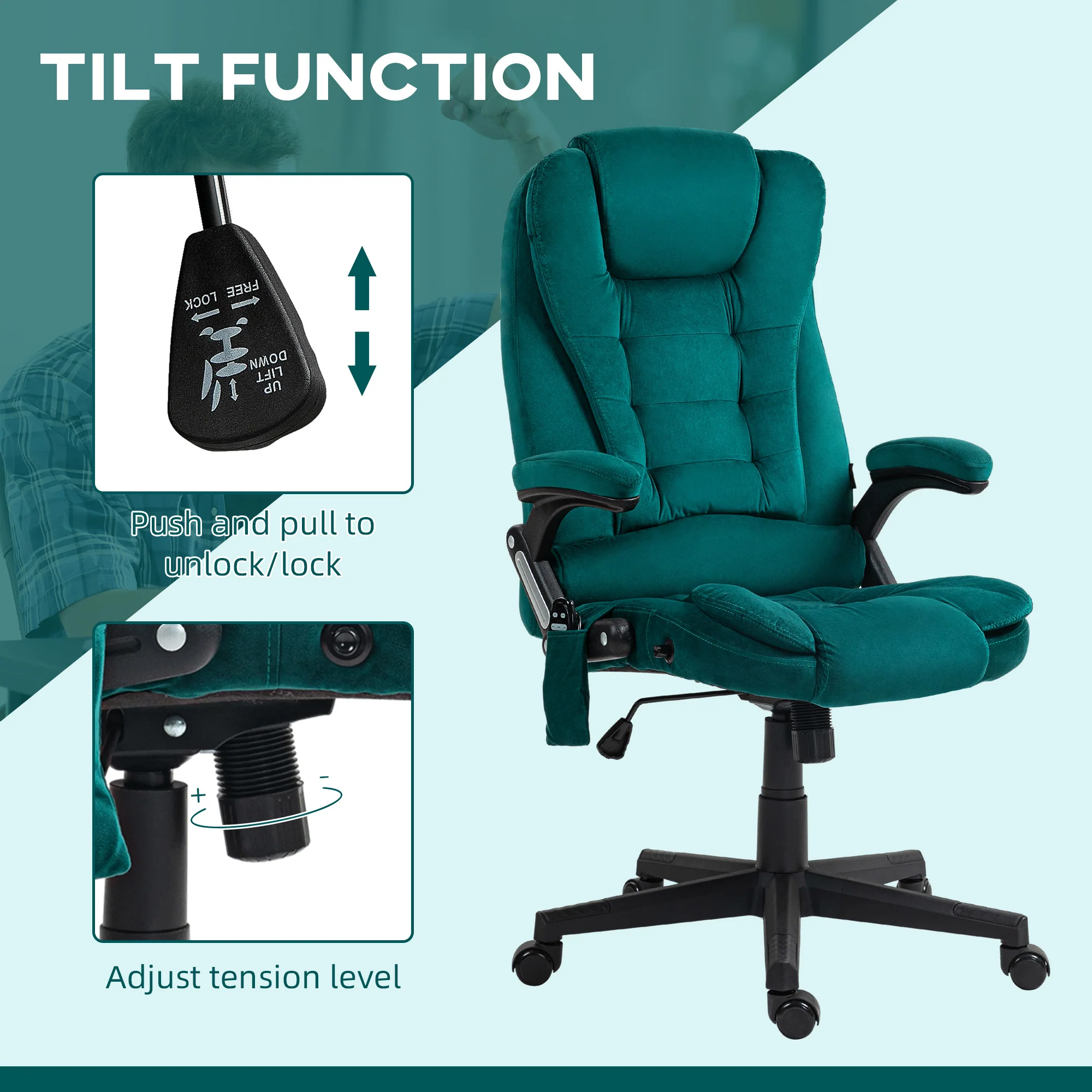 6 Points Heated Executive Office Chair, Velvet High Back Massage Office Chair, Dark Green - Image 8