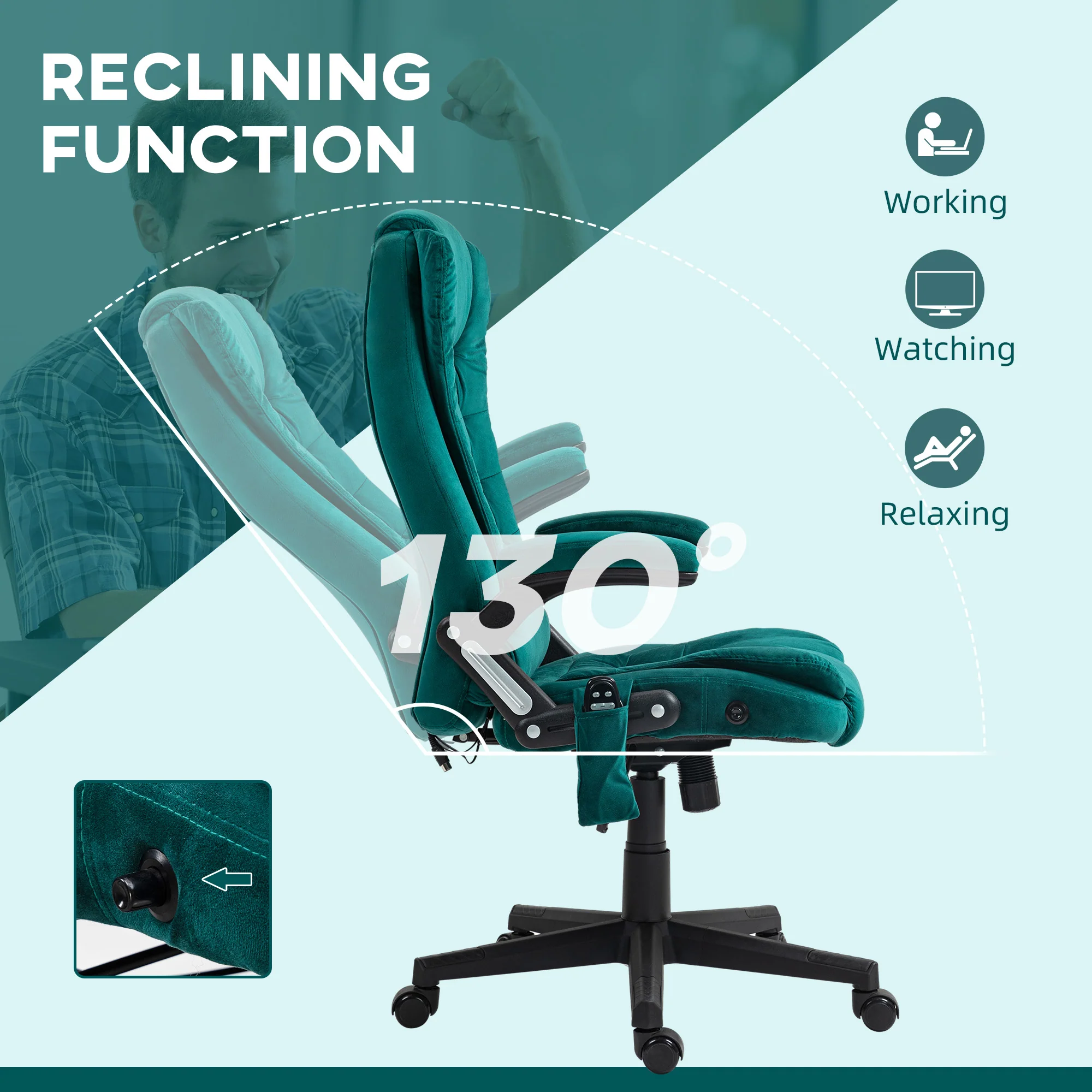 6 Points Heated Executive Office Chair, Velvet High Back Massage Office Chair, Dark Green - Image 9