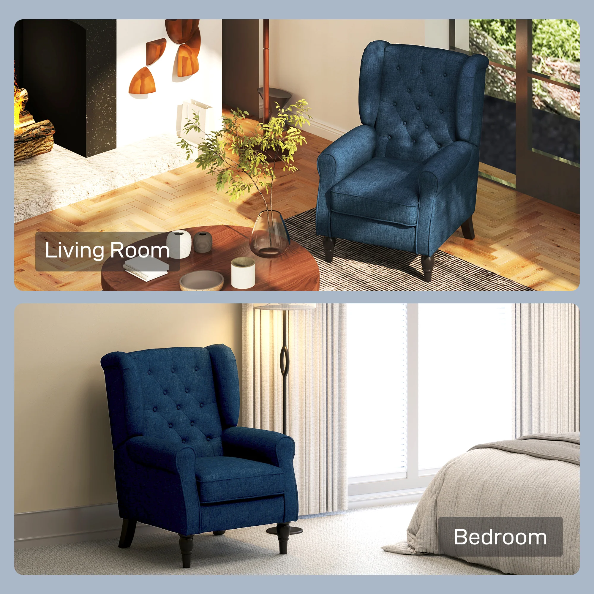 Mid-Century Accent Chair w/ High Wingback, Button-Tufted Fabric & Retro Wood Legs, Blue - Image 10