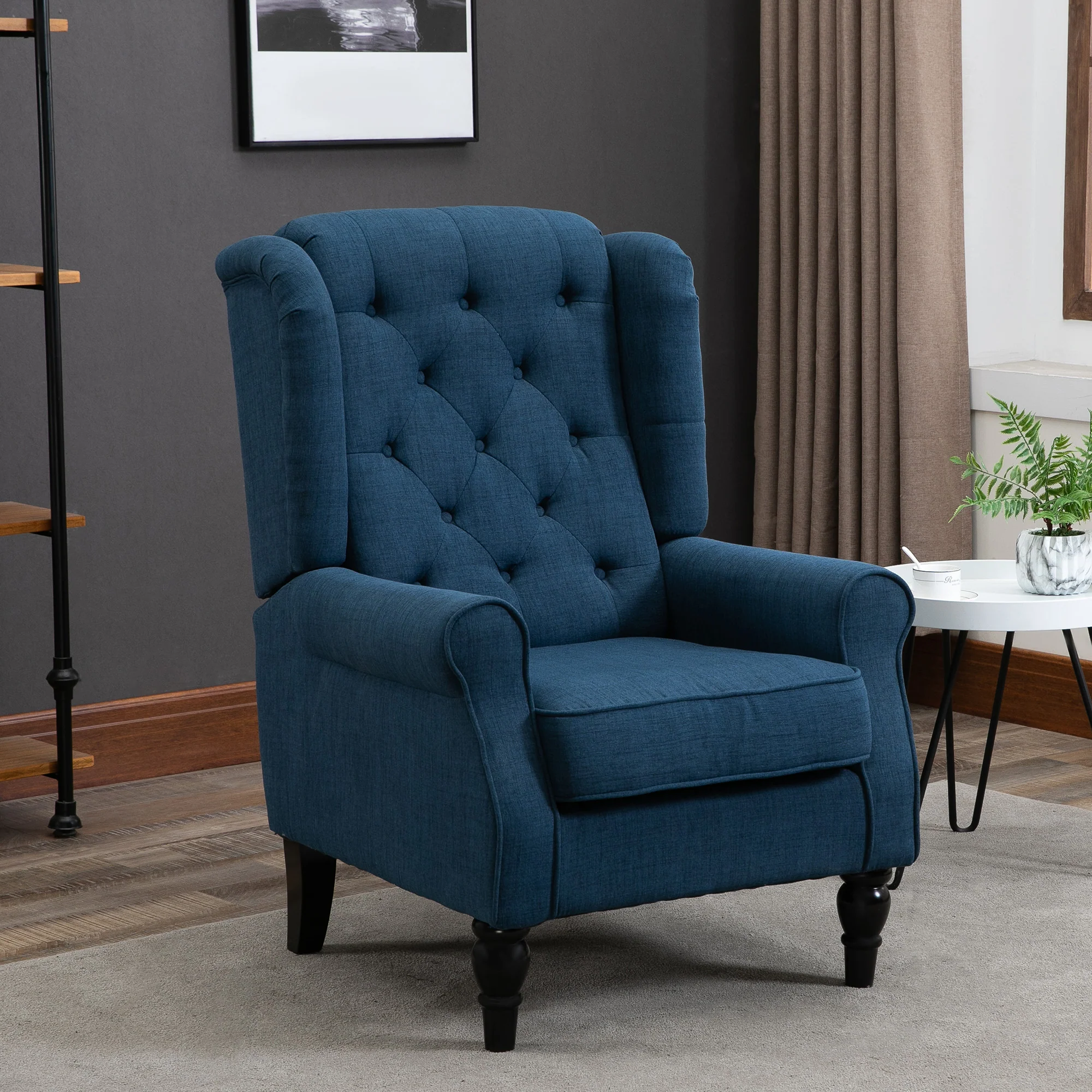 Mid-Century Accent Chair w/ High Wingback, Button-Tufted Fabric & Retro Wood Legs, Blue - Image 11