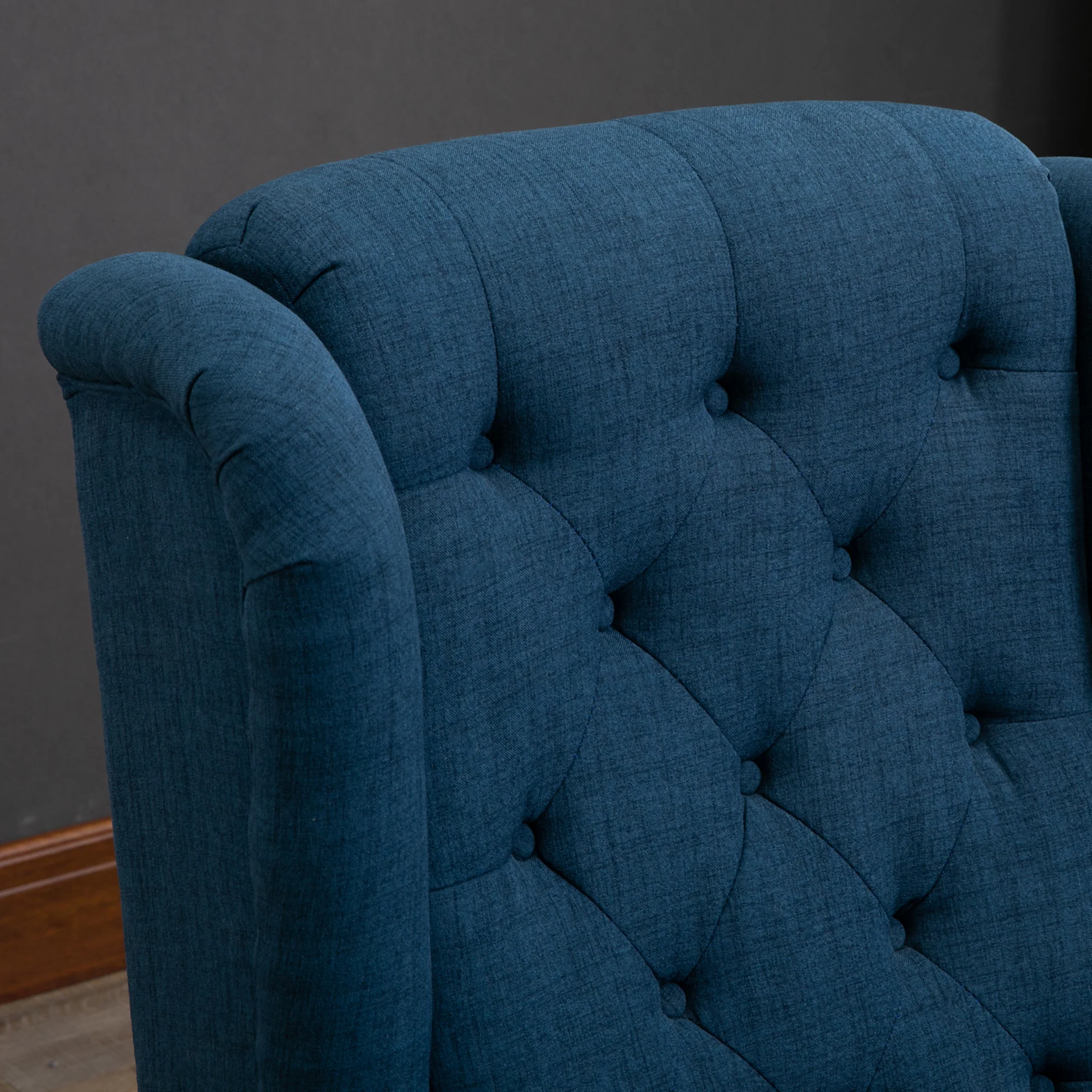 Mid-Century Accent Chair w/ High Wingback, Button-Tufted Fabric & Retro Wood Legs, Blue - Image 16