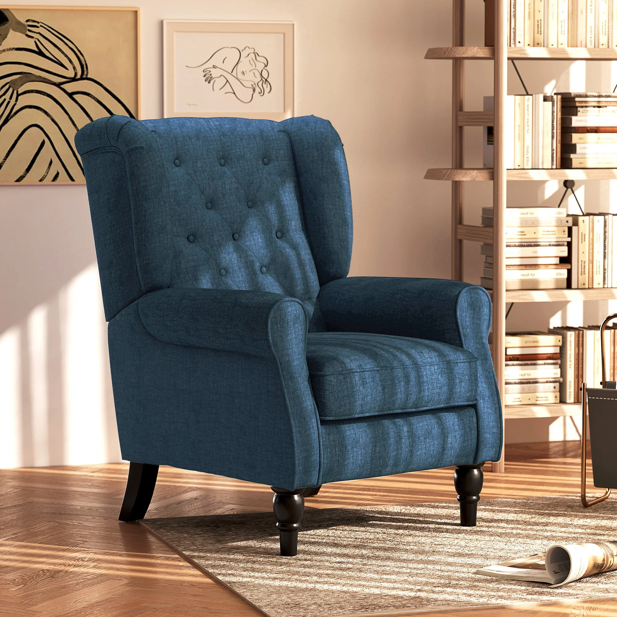 Mid-Century Accent Chair w/ High Wingback, Button-Tufted Fabric & Retro Wood Legs, Blue - Image 3