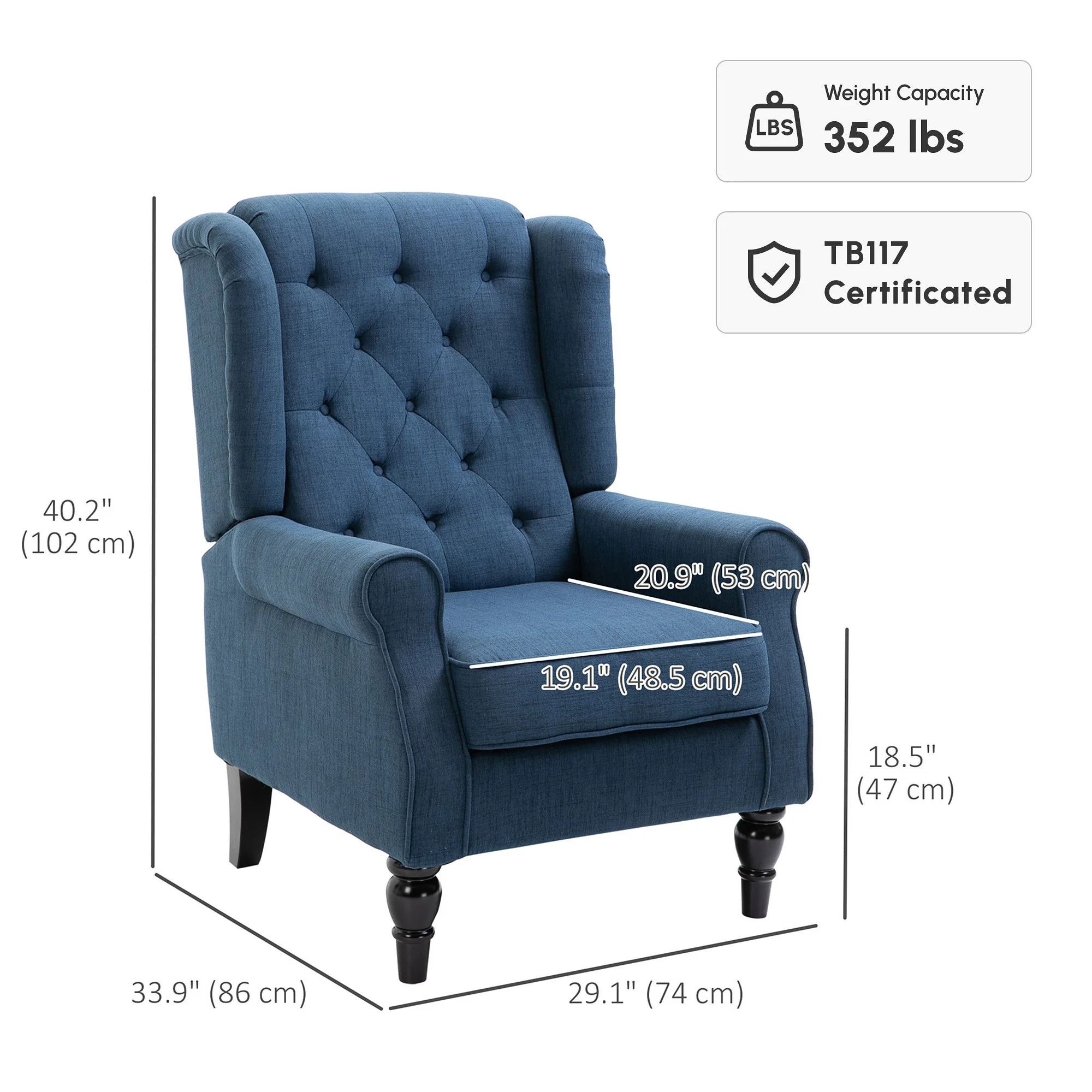 Mid-Century Accent Chair w/ High Wingback, Button-Tufted Fabric & Retro Wood Legs, Blue - Image 4
