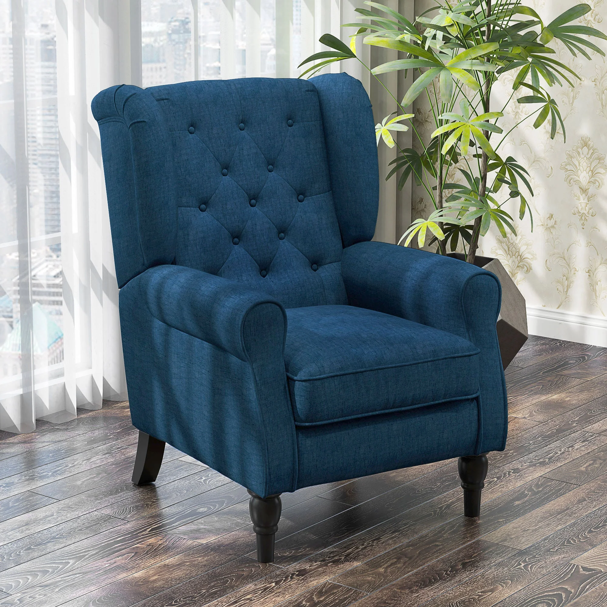 Mid-Century Accent Chair w/ High Wingback, Button-Tufted Fabric & Retro Wood Legs, Blue - Image 5