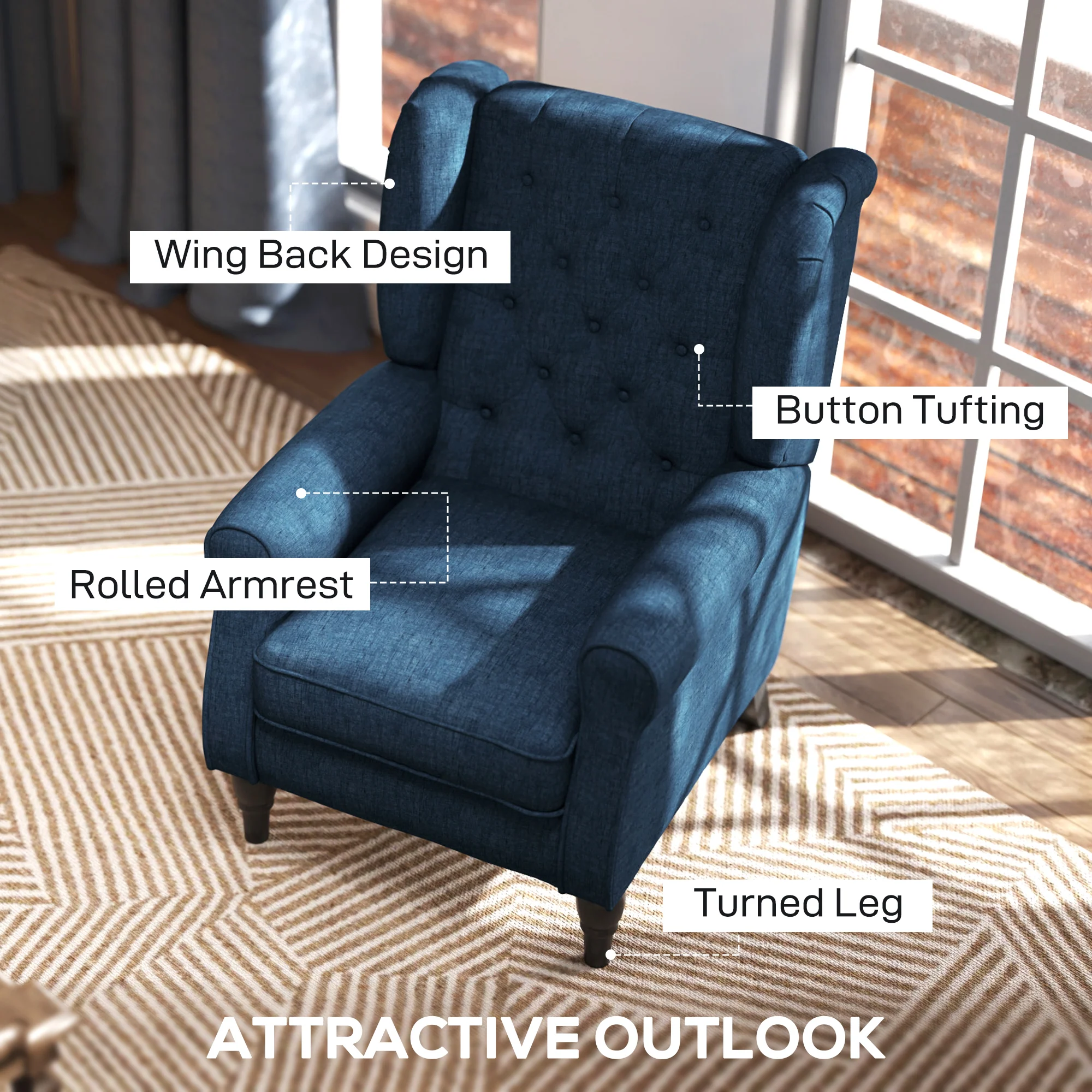 Mid-Century Accent Chair w/ High Wingback, Button-Tufted Fabric & Retro Wood Legs, Blue - Image 7