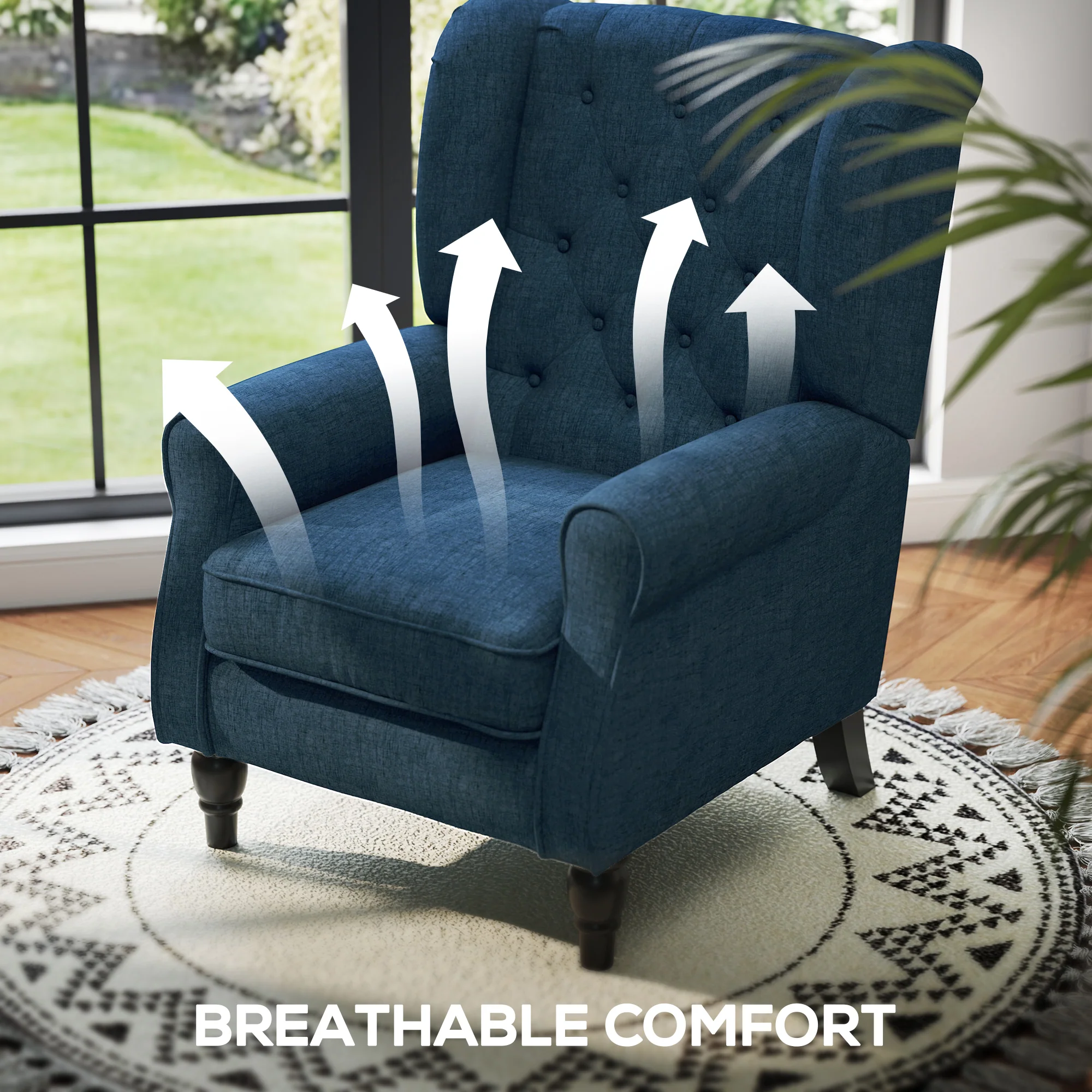 Mid-Century Accent Chair w/ High Wingback, Button-Tufted Fabric & Retro Wood Legs, Blue - Image 8