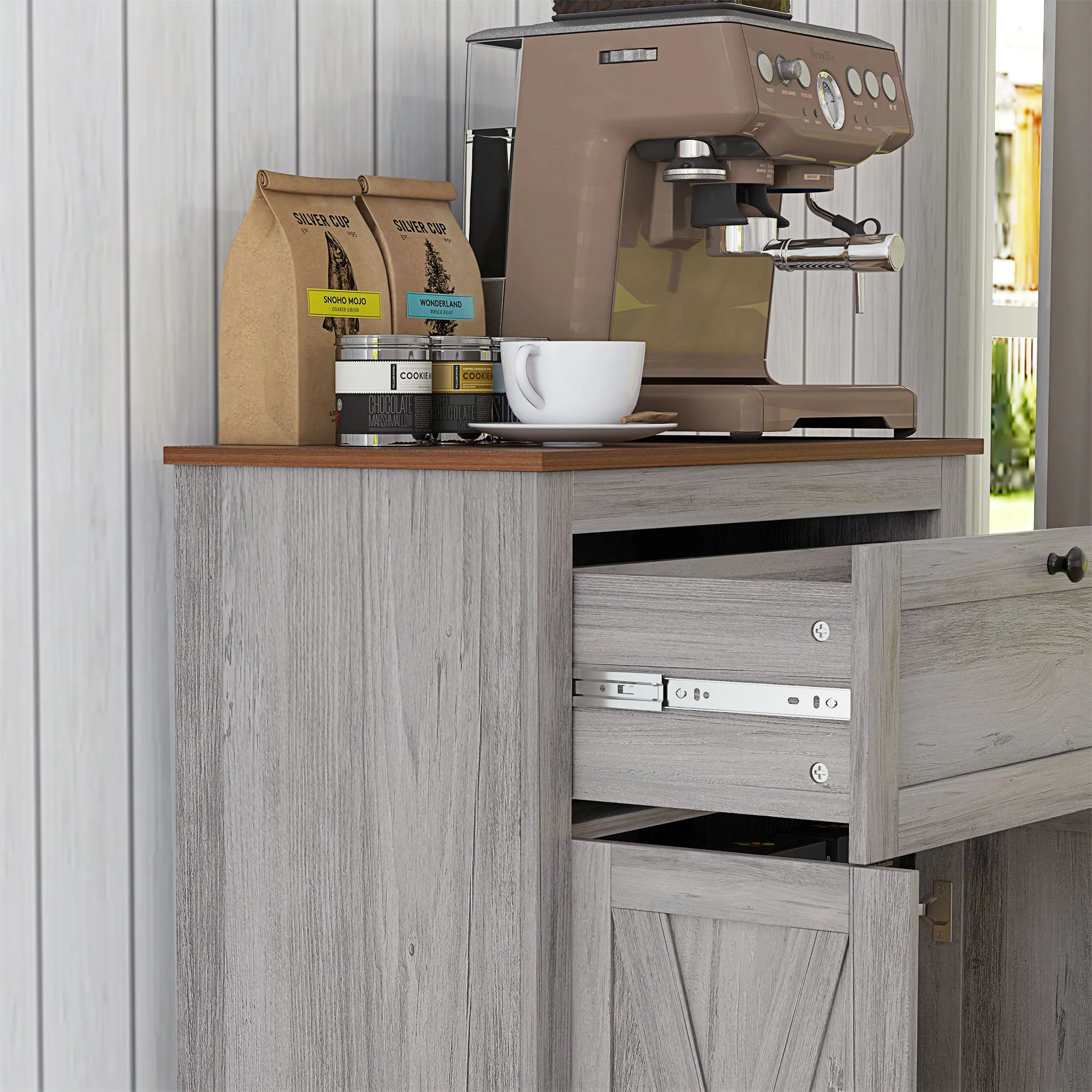 Farmhouse Sideboard Storage Cabinet with Doors and Drawer Light Gray - Image 10