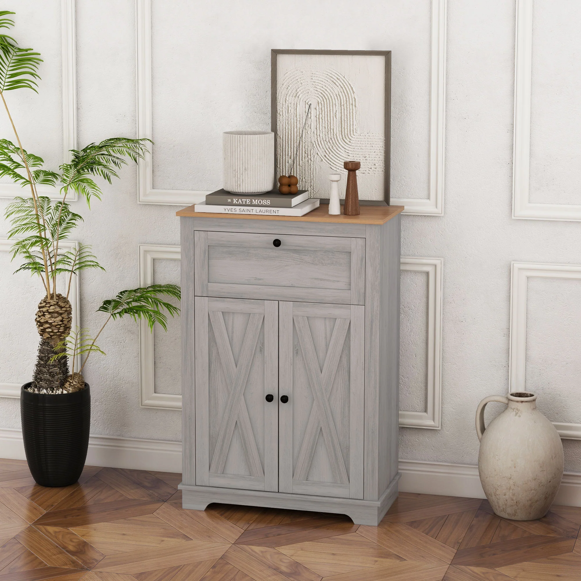 Farmhouse Sideboard Storage Cabinet with Doors and Drawer Light Gray - Image 4