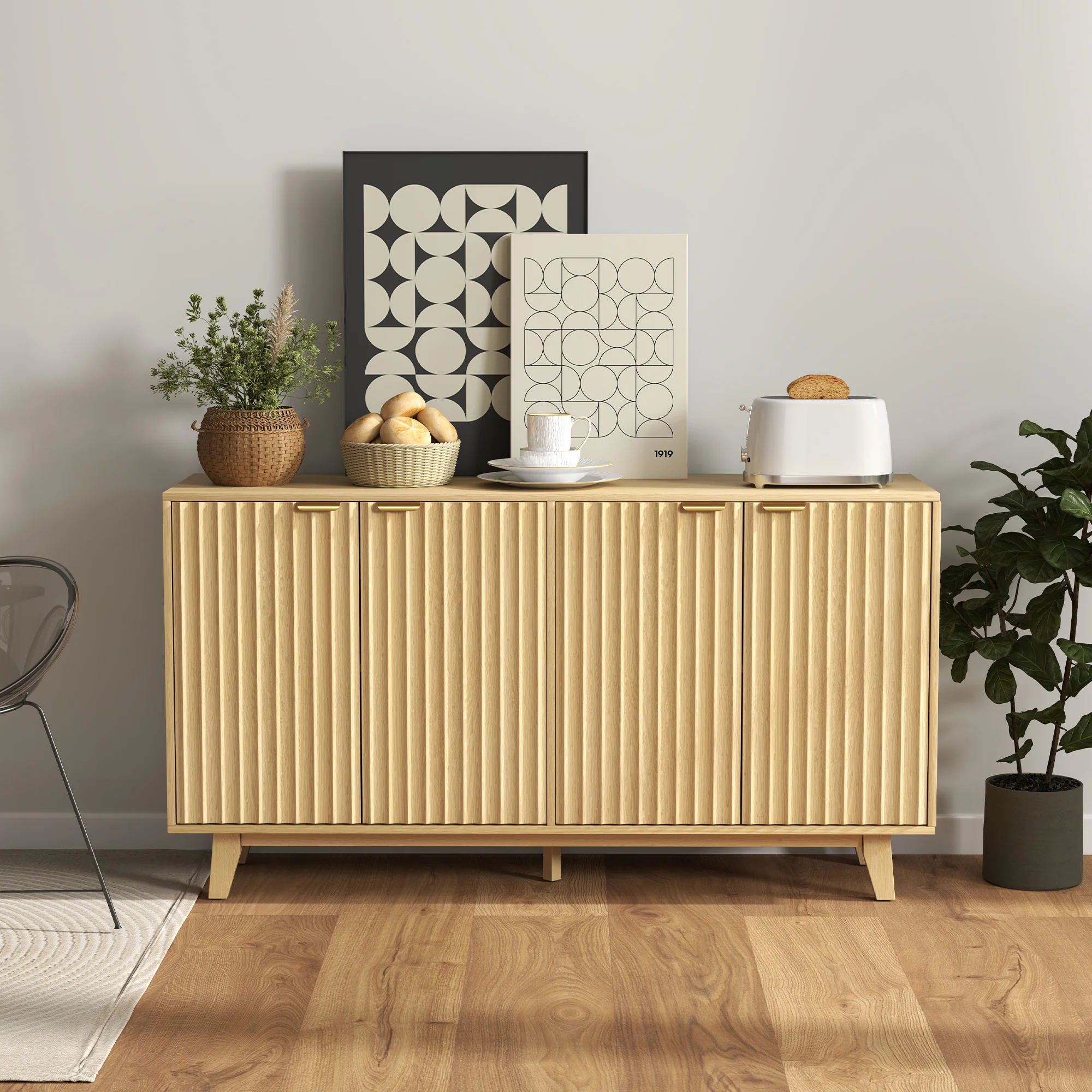 55" Fluted Buffet Cabinet w/ Storage, 4 Doors, 2 Adjustable Shelves & Wood Legs, Nature Wood - Image 10