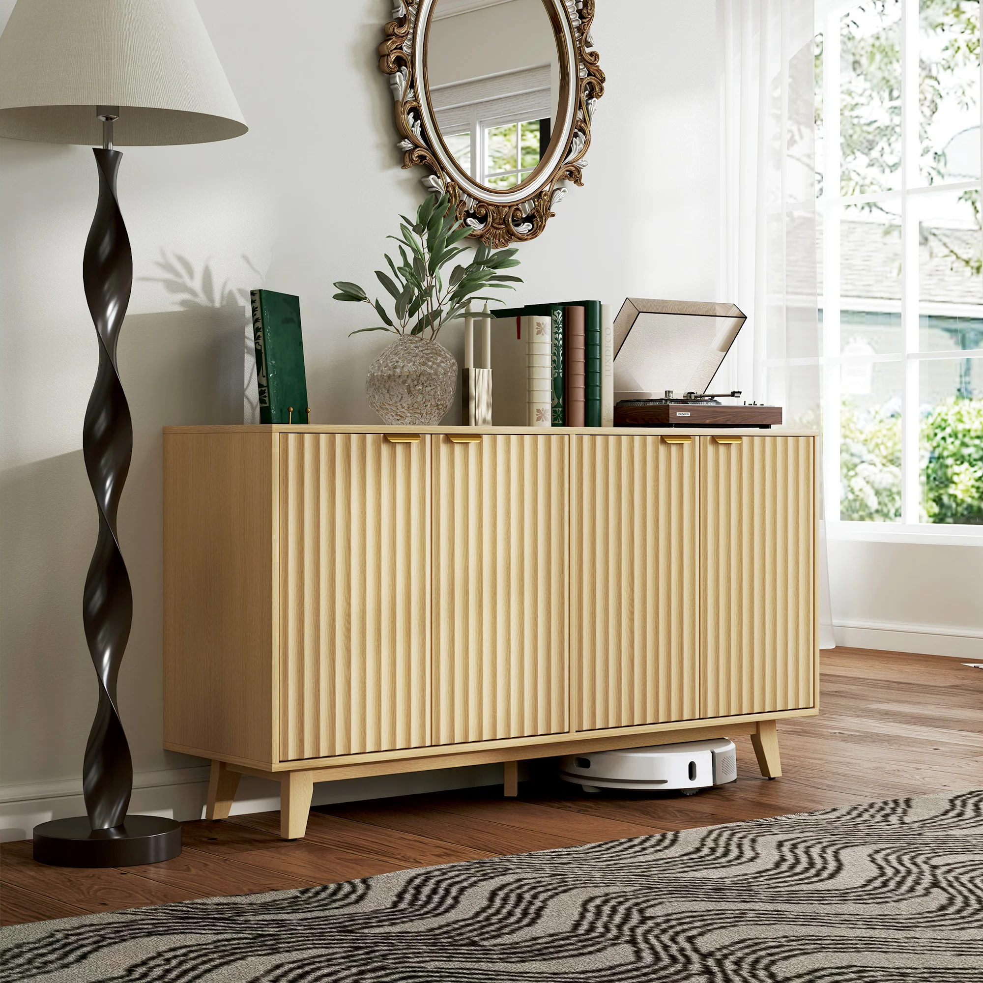 55" Fluted Buffet Cabinet w/ Storage, 4 Doors, 2 Adjustable Shelves & Wood Legs, Nature Wood - Image 3