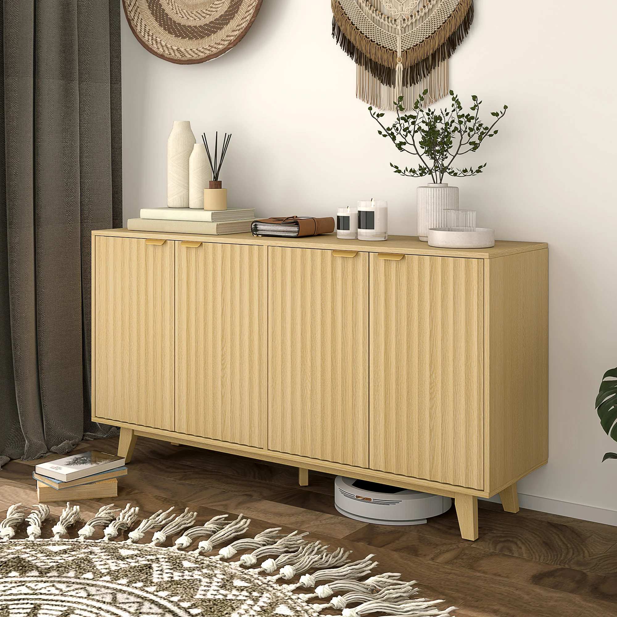 55" Fluted Buffet Cabinet w/ Storage, 4 Doors, 2 Adjustable Shelves & Wood Legs, Nature Wood - Image 4