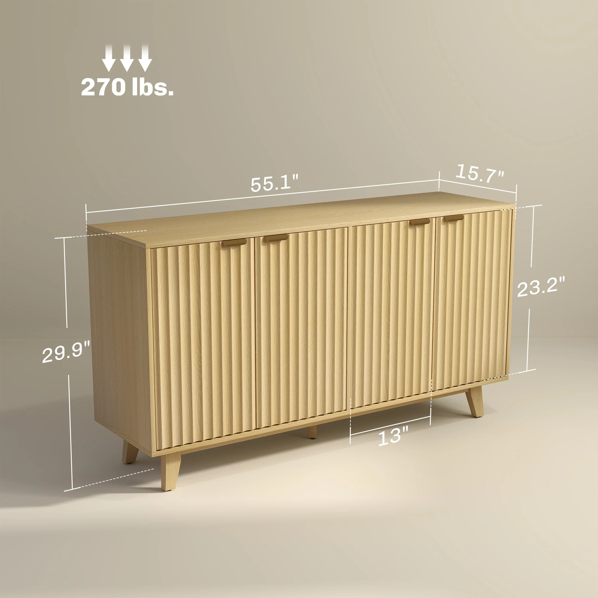 55" Fluted Buffet Cabinet w/ Storage, 4 Doors, 2 Adjustable Shelves & Wood Legs, Nature Wood - Image 5