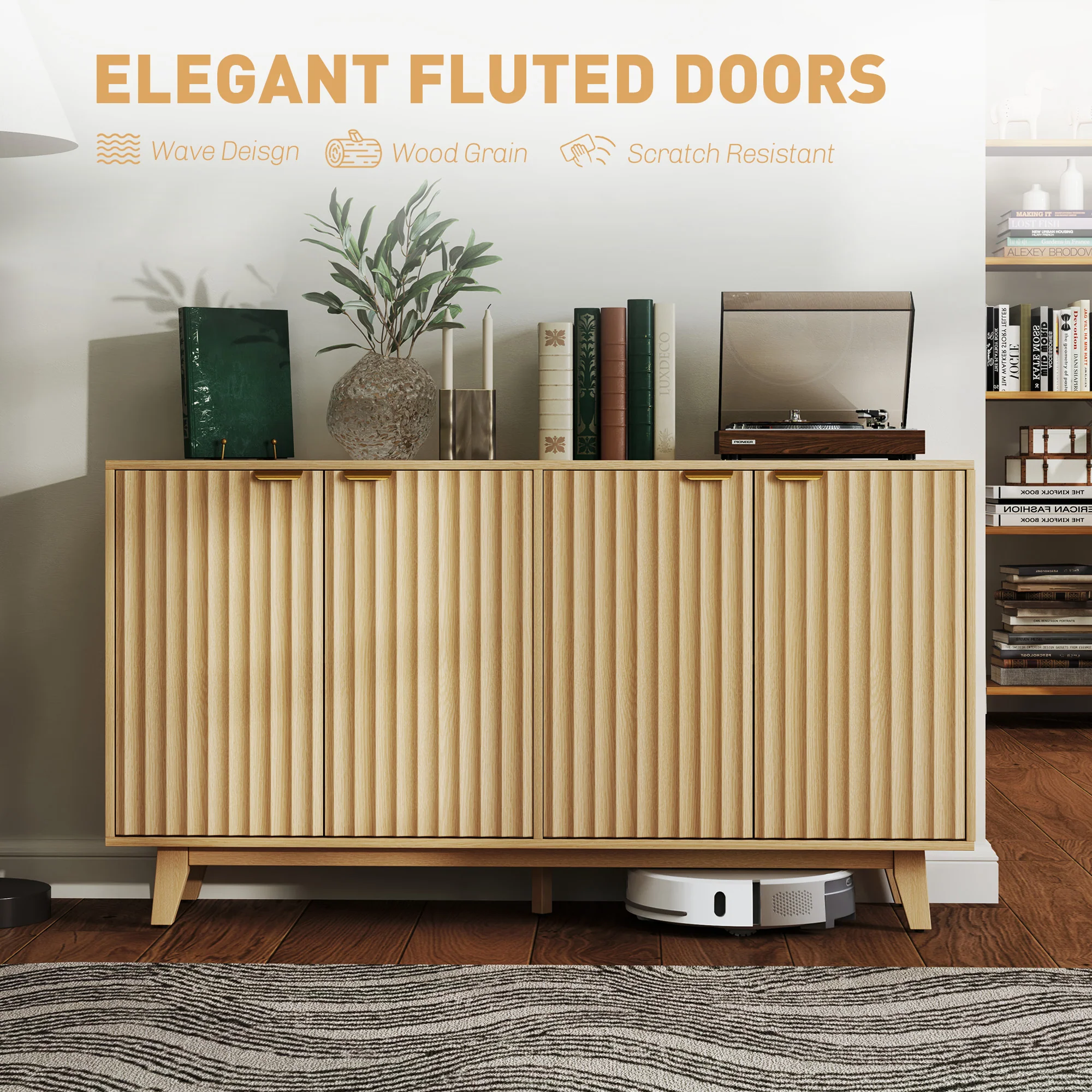 55" Fluted Buffet Cabinet w/ Storage, 4 Doors, 2 Adjustable Shelves & Wood Legs, Nature Wood - Image 6