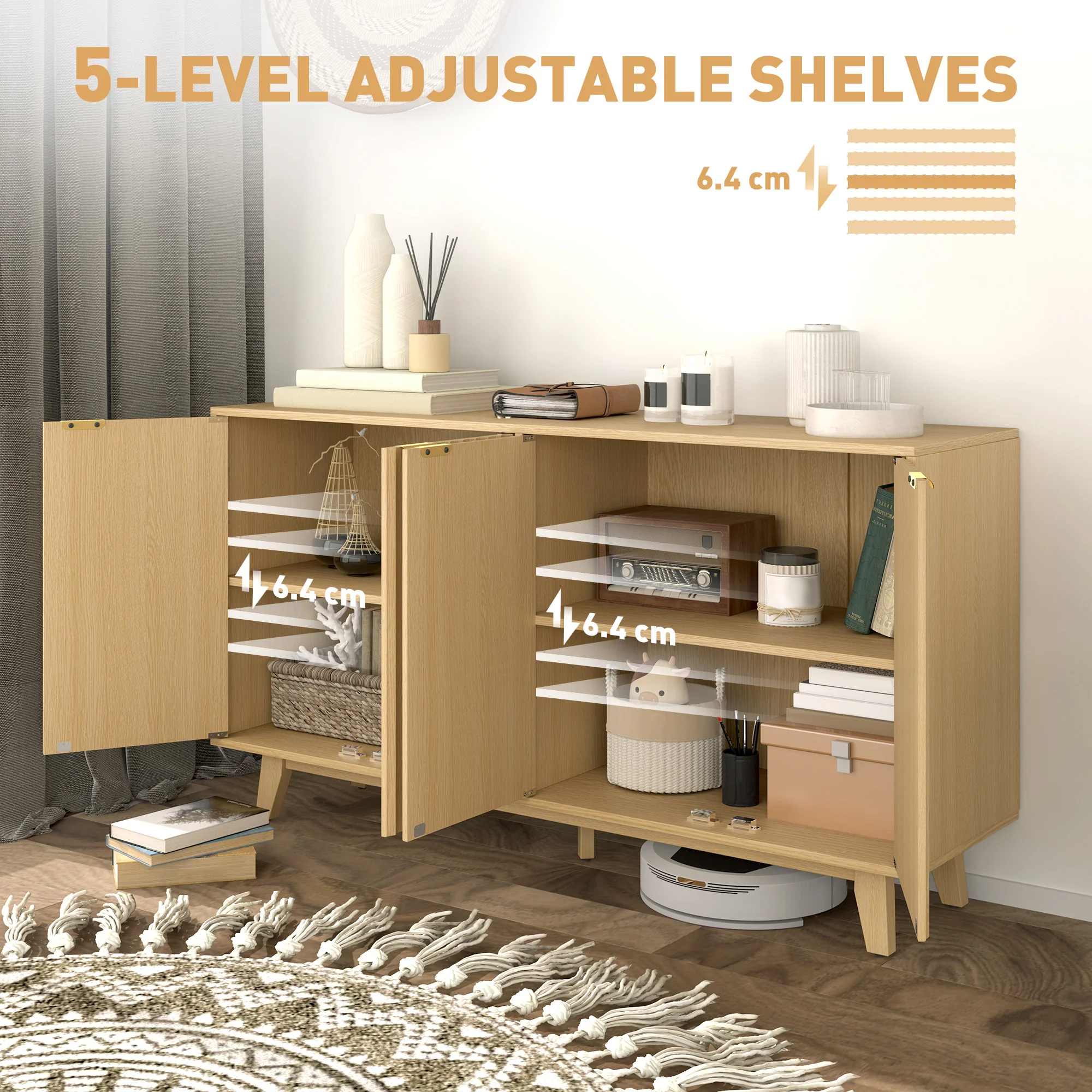 55" Fluted Buffet Cabinet w/ Storage, 4 Doors, 2 Adjustable Shelves & Wood Legs, Nature Wood - Image 7