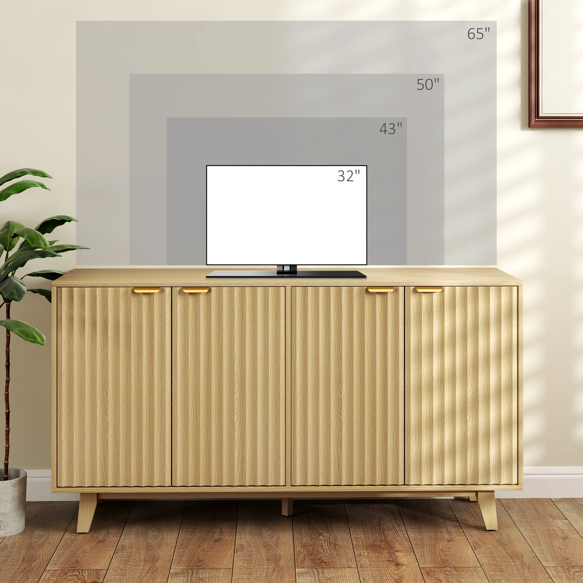 55" Fluted Buffet Cabinet w/ Storage, 4 Doors, 2 Adjustable Shelves & Wood Legs, Nature Wood - Image 9