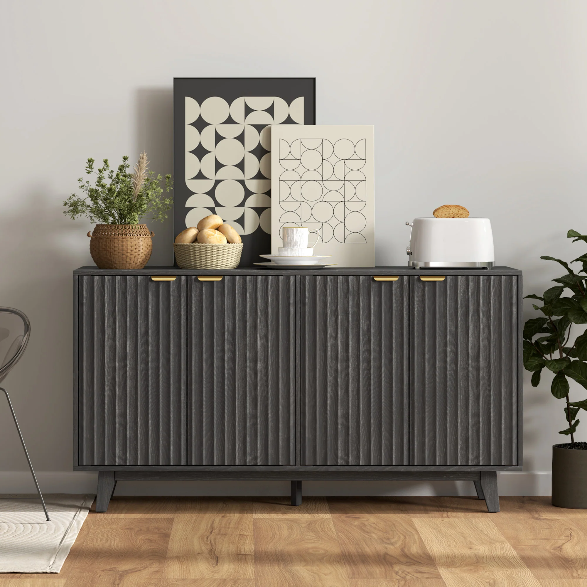 55" Sideboard Storage Cabinet w/ 4 Doors, 2 Adjustable Shelves & 5 Wood Legs, Distressed Gray - Image 10