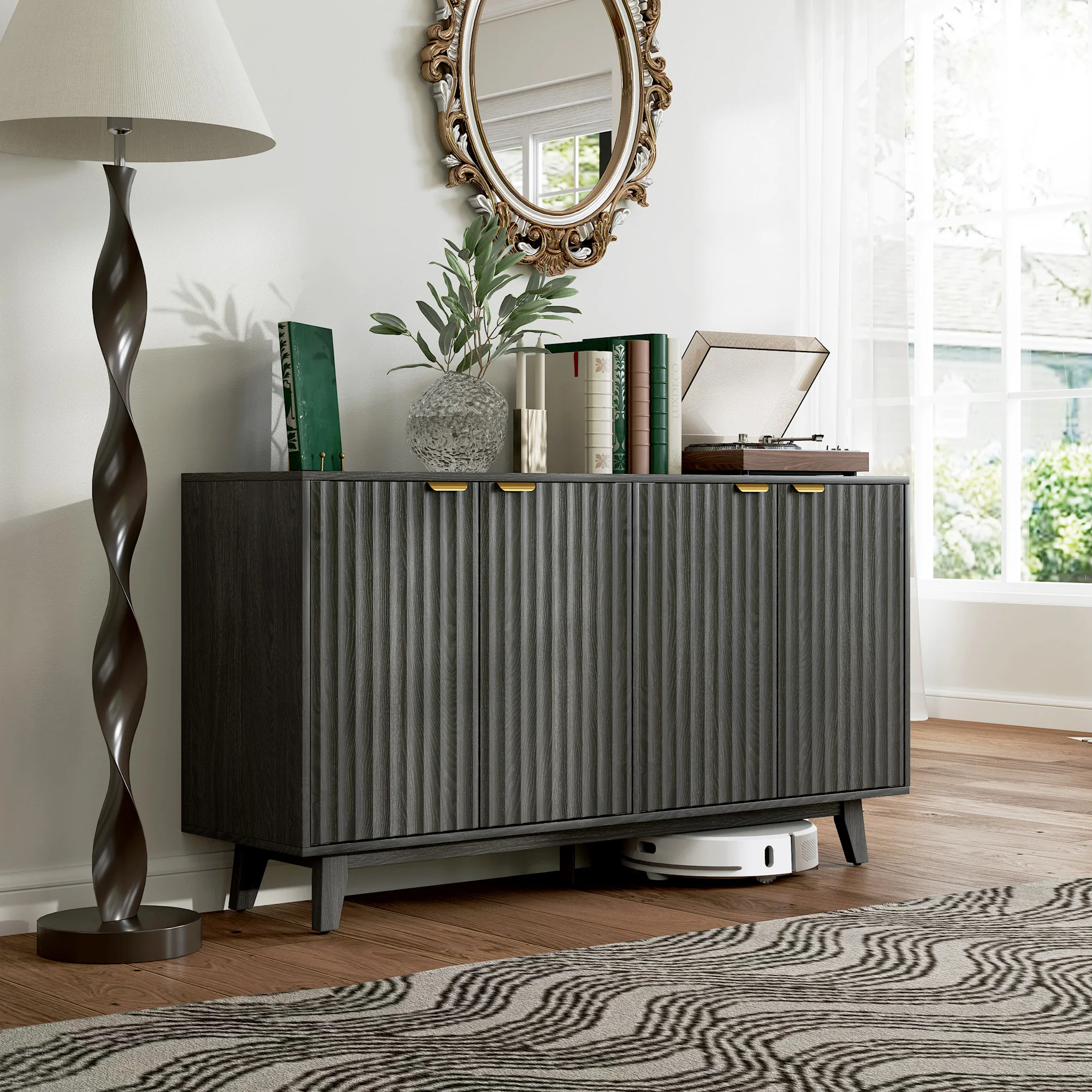 55" Sideboard Storage Cabinet w/ 4 Doors, 2 Adjustable Shelves & 5 Wood Legs, Distressed Gray - Image 3