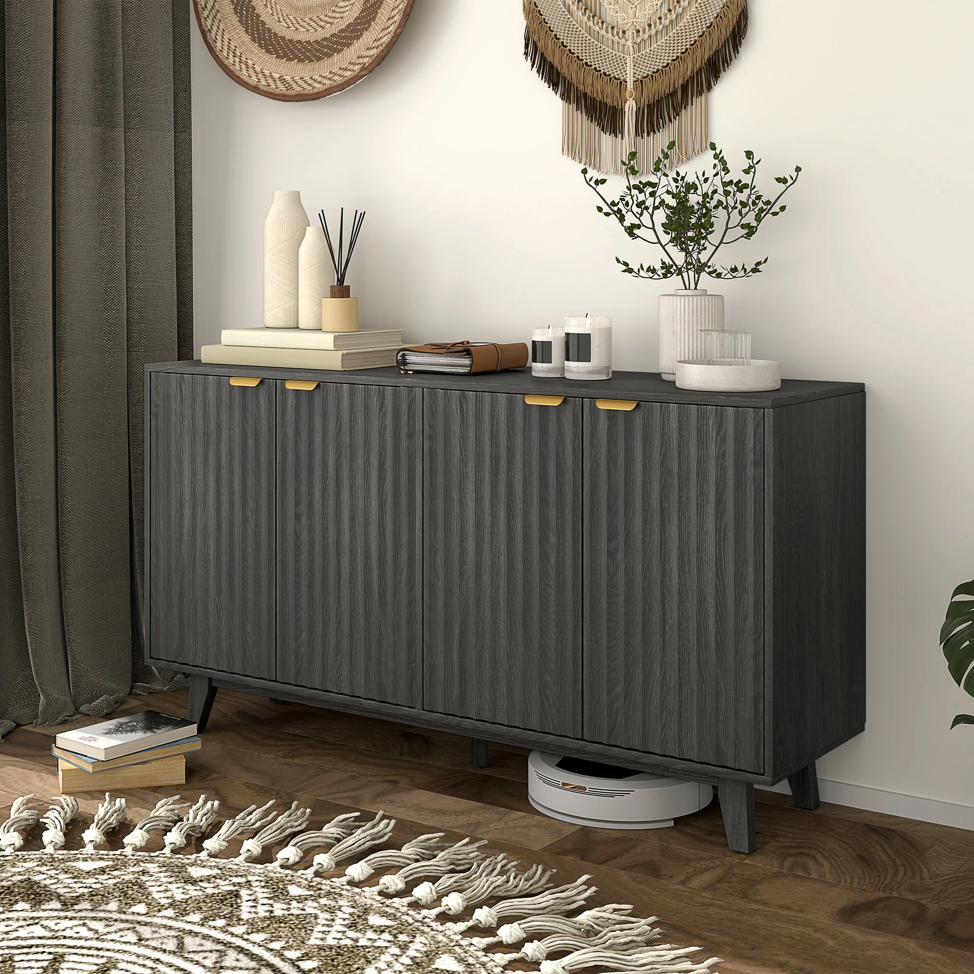 55" Sideboard Storage Cabinet w/ 4 Doors, 2 Adjustable Shelves & 5 Wood Legs, Distressed Gray - Image 4