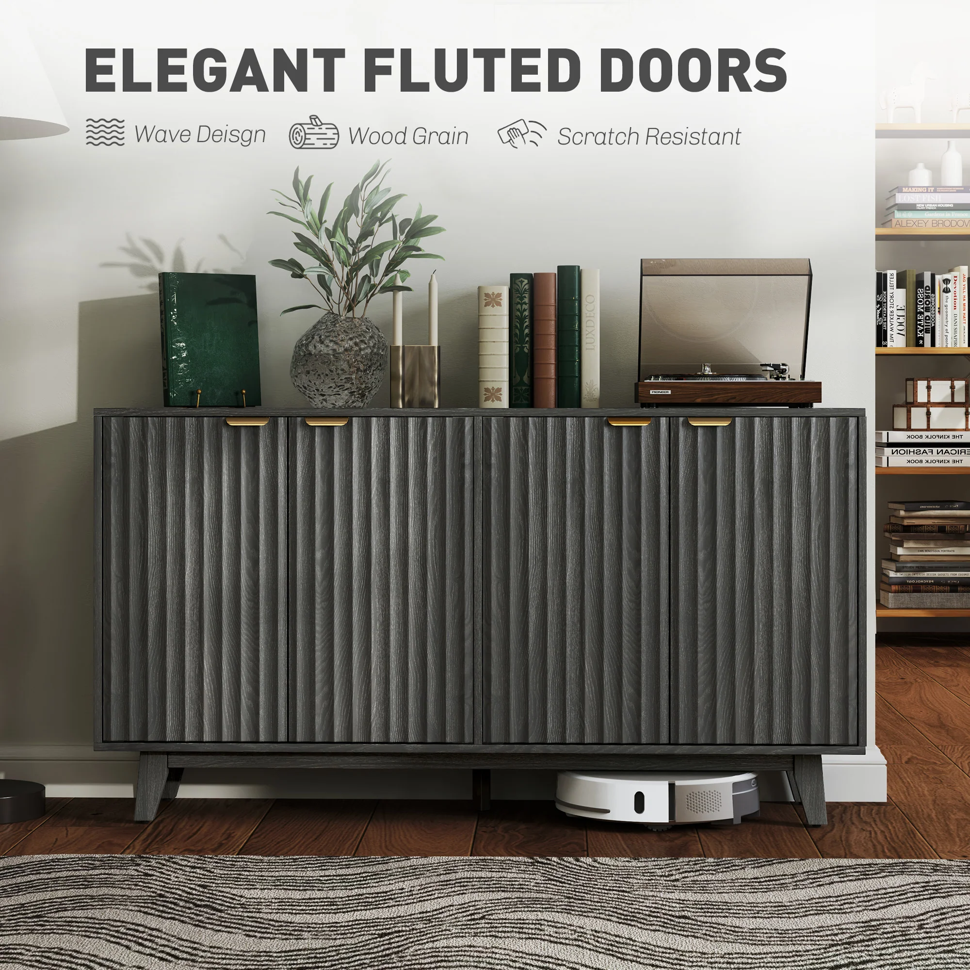 55" Sideboard Storage Cabinet w/ 4 Doors, 2 Adjustable Shelves & 5 Wood Legs, Distressed Gray - Image 6