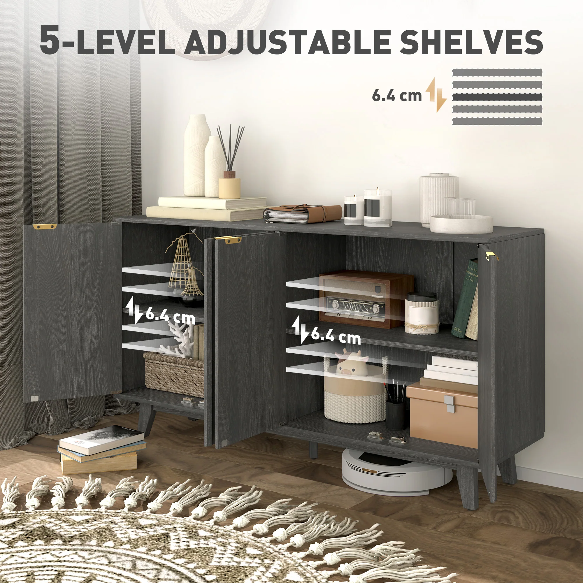 55" Sideboard Storage Cabinet w/ 4 Doors, 2 Adjustable Shelves & 5 Wood Legs, Distressed Gray - Image 7